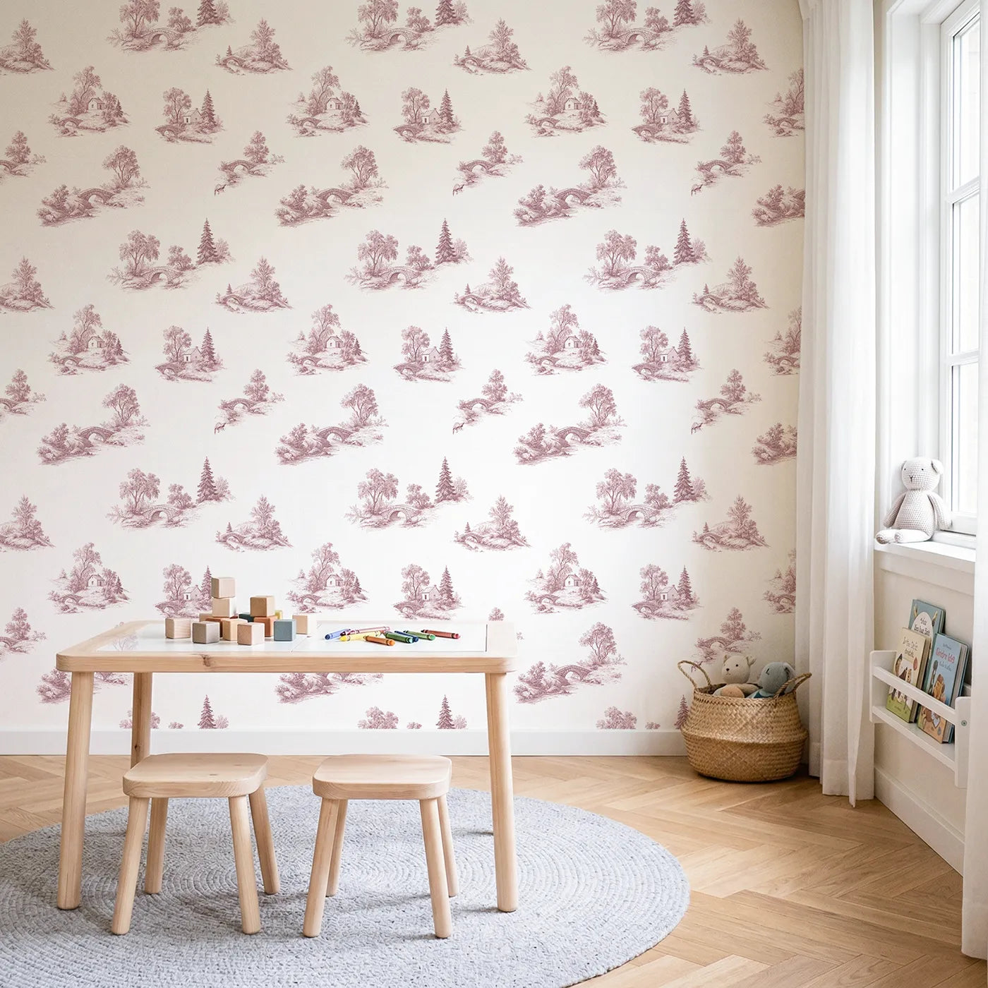 Bridge Toile Toss in Pink wallpaper in a styled nursery - Whimsy Tots