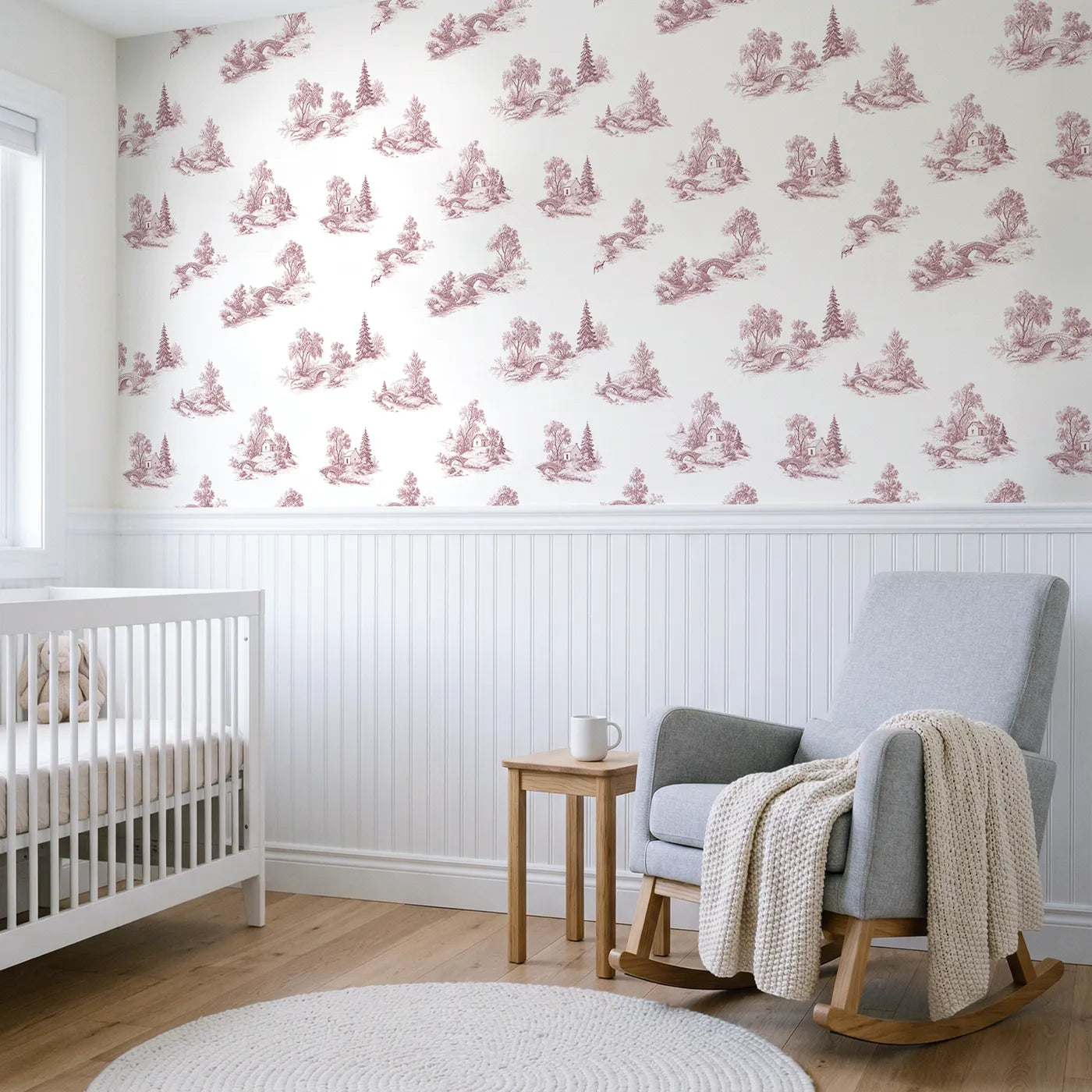 Bridge Toile Toss in Pink wallpaper above wainscoting - Whimsy Tots