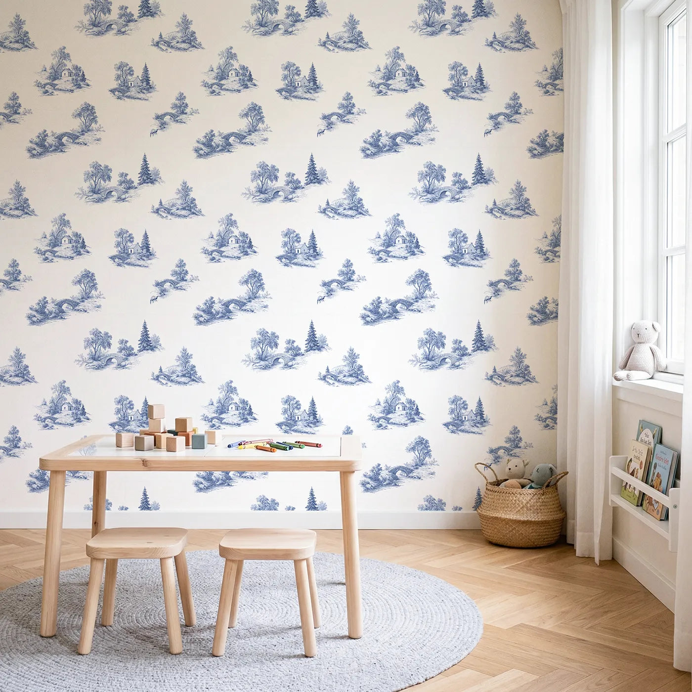 Bridge Toile Toss wallpaper in a styled nursery - Whimsy Tots