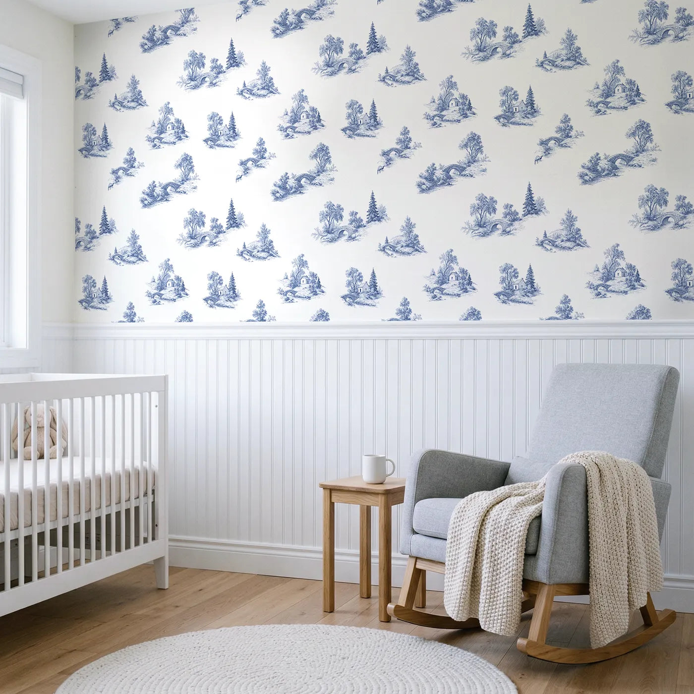 Bridge Toile Toss wallpaper above wainscoting - Whimsy Tots