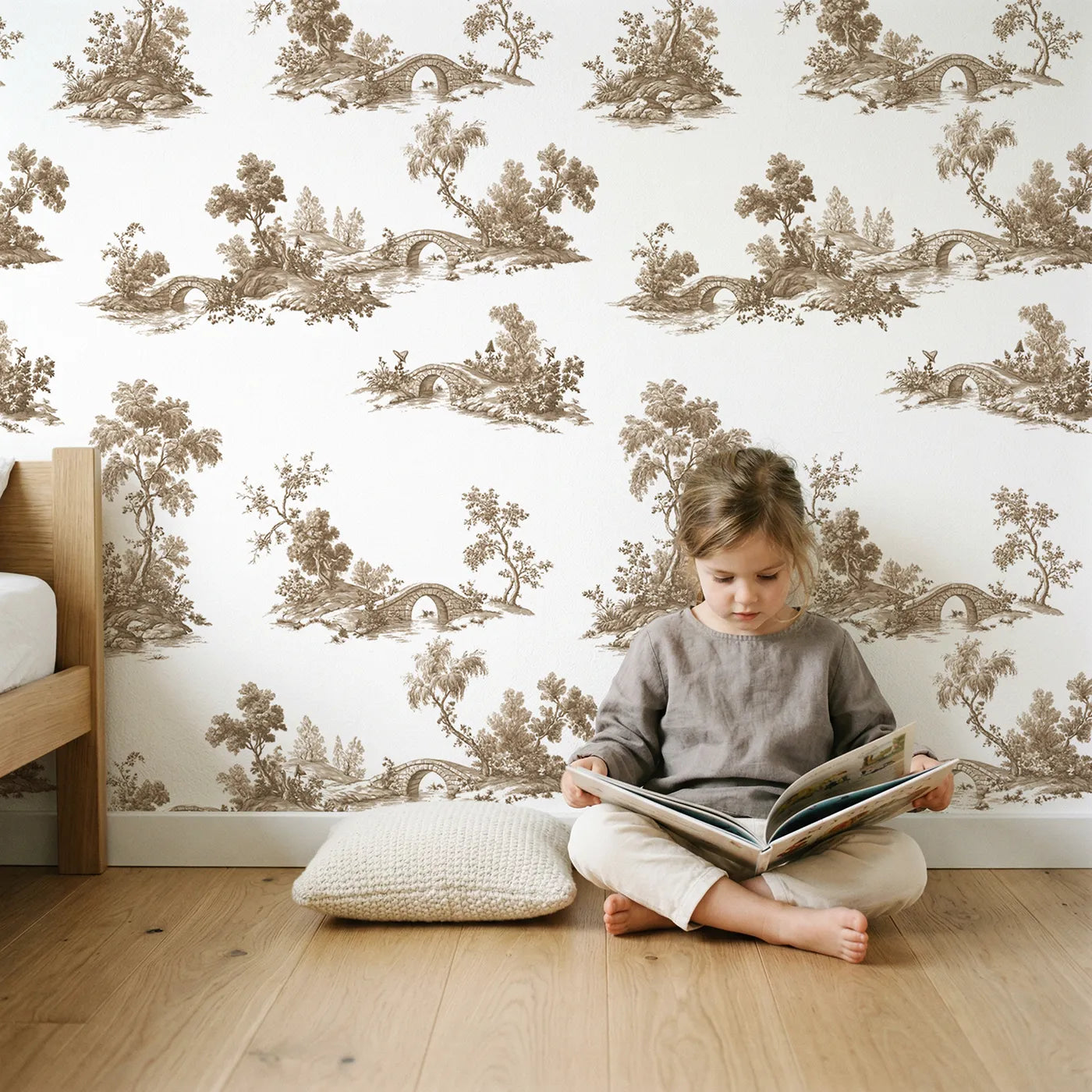 Bridge Toile Rows in Brown wallpaper in a cozy kids room - Whimsy Tots