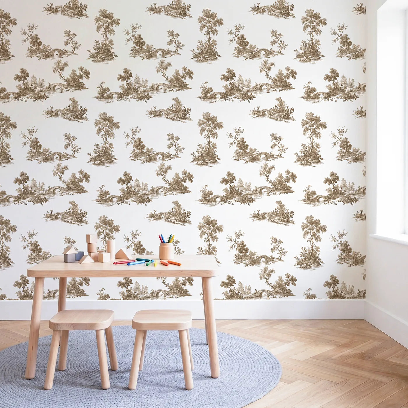 Bridge Toile Rows in Brown wallpaper in a styled nursery - Whimsy Tots