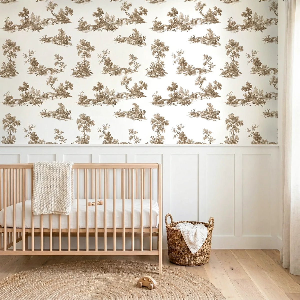 Bridge Toile Rows in Brown wallpaper above wainscoting - Whimsy Tots