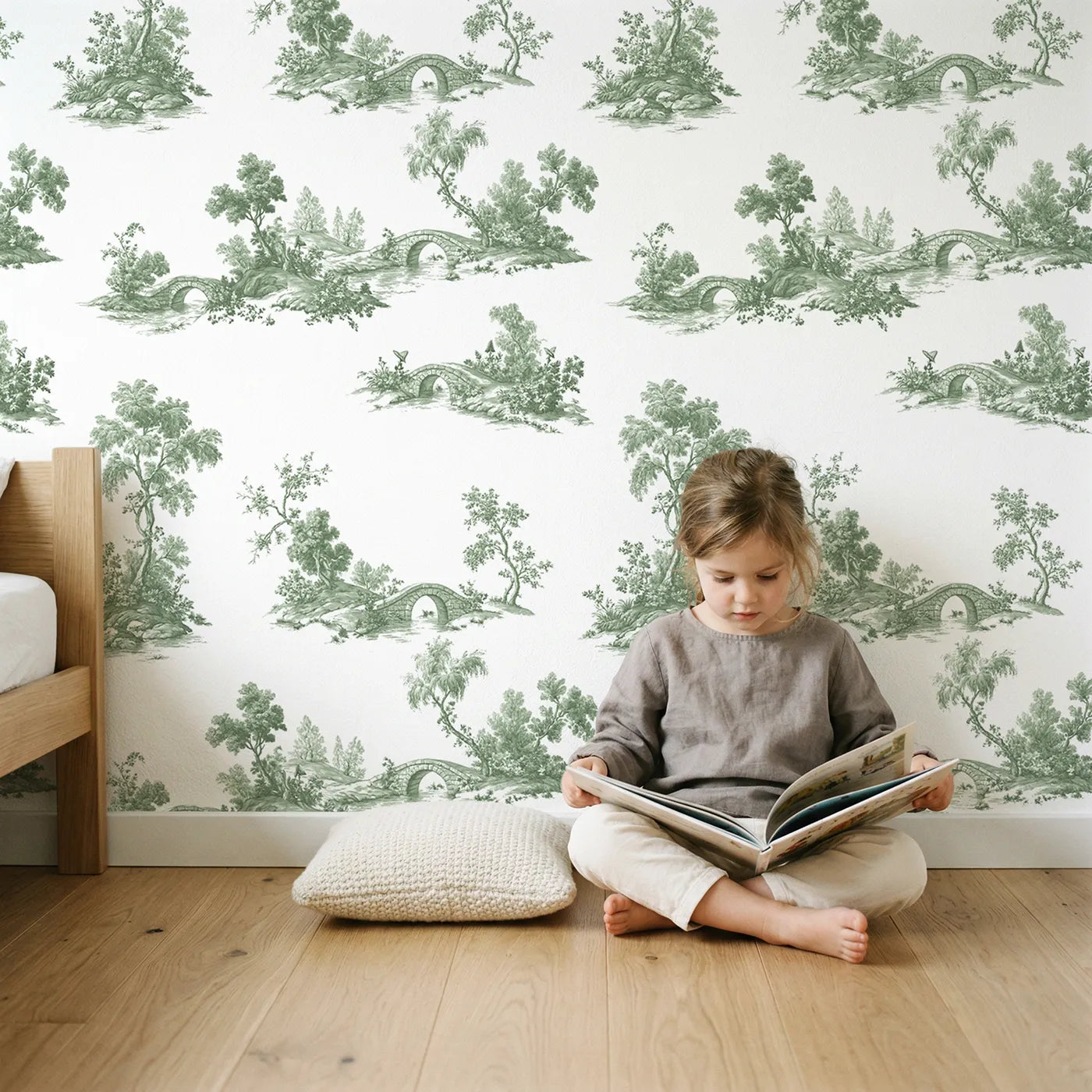 Bridge Toile Rows in Green wallpaper in a cozy kids room - Whimsy Tots