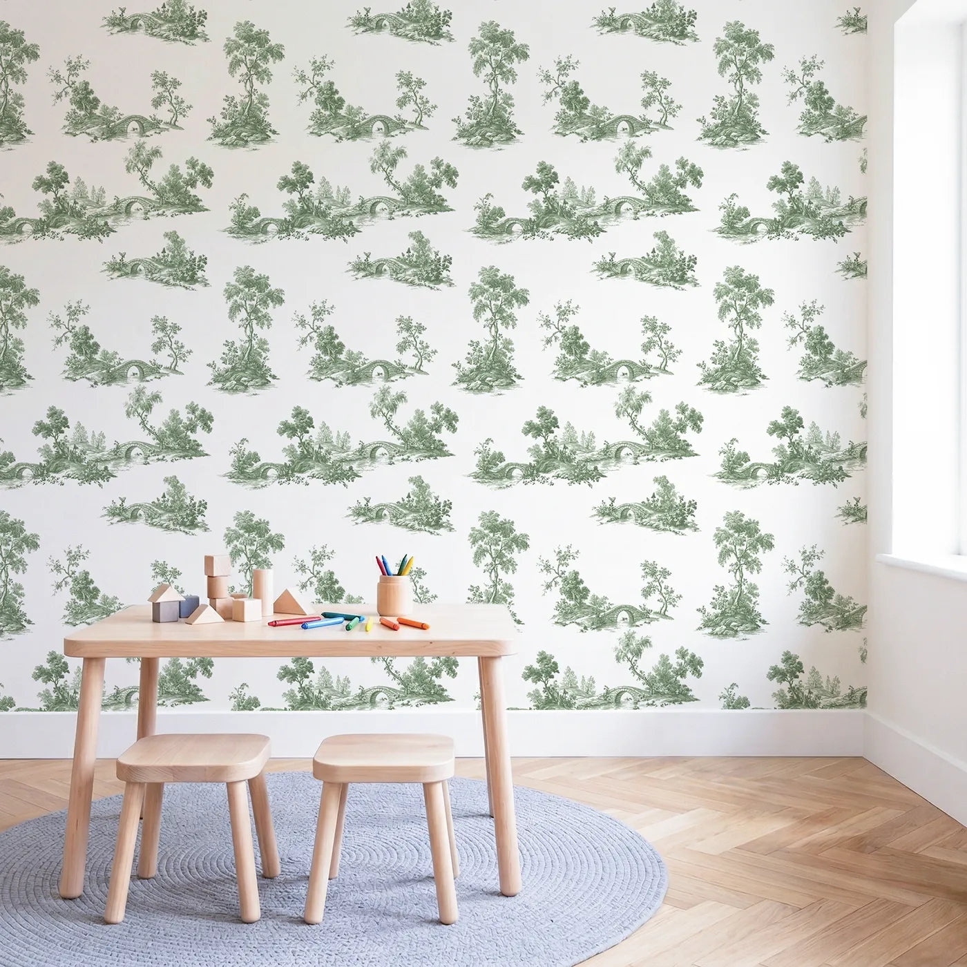 Bridge Toile Rows in Green wallpaper in a styled nursery - Whimsy Tots