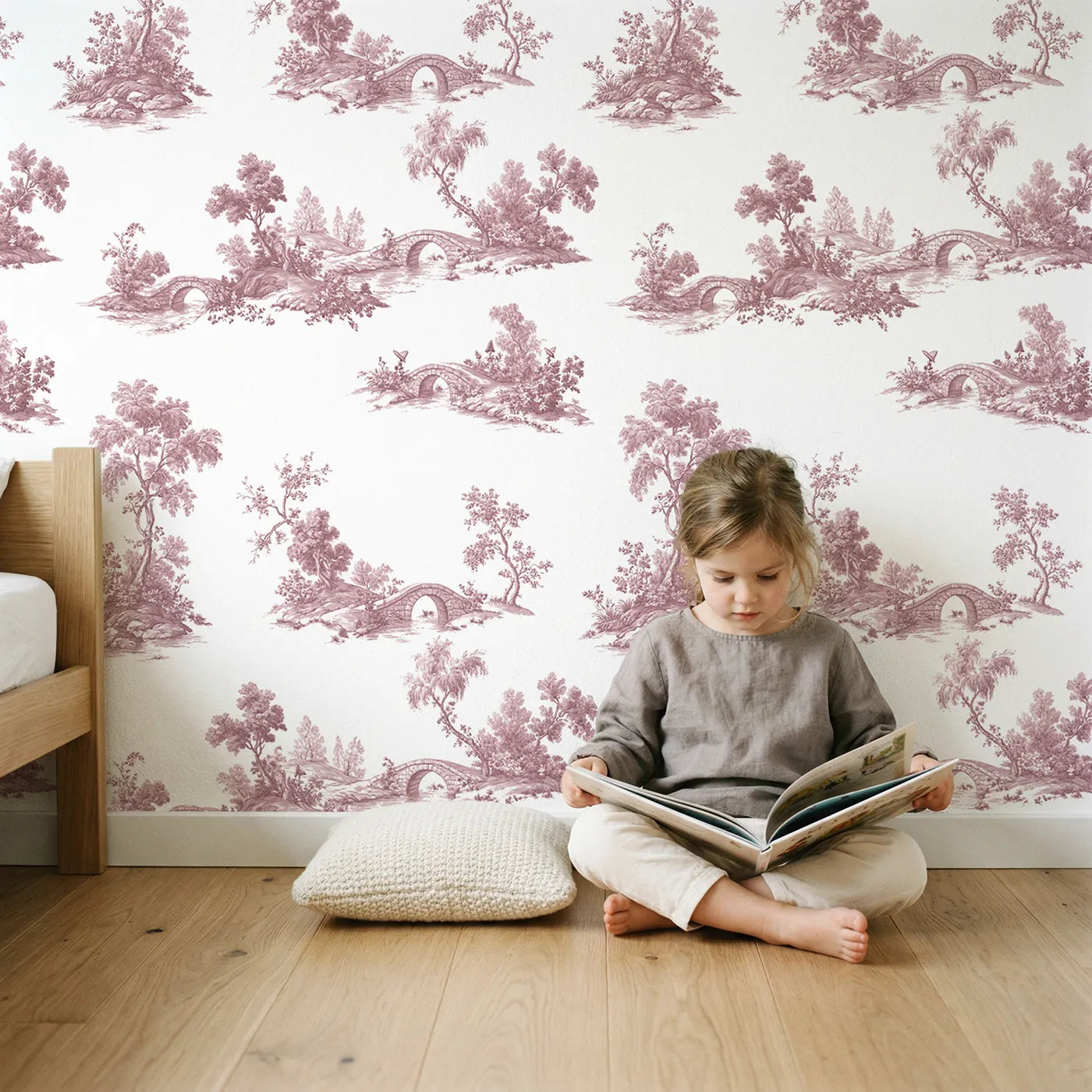 Bridge Toile Rows in Pink wallpaper in a cozy kids room - Whimsy Tots