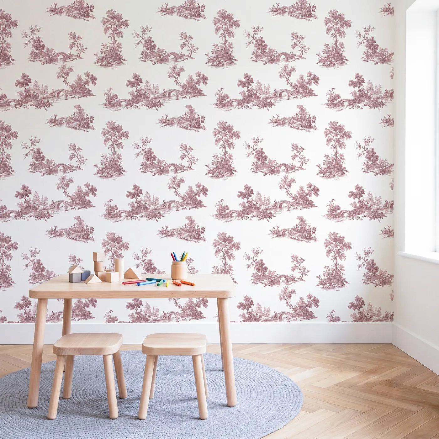 Bridge Toile Rows in Pink wallpaper in a styled nursery - Whimsy Tots