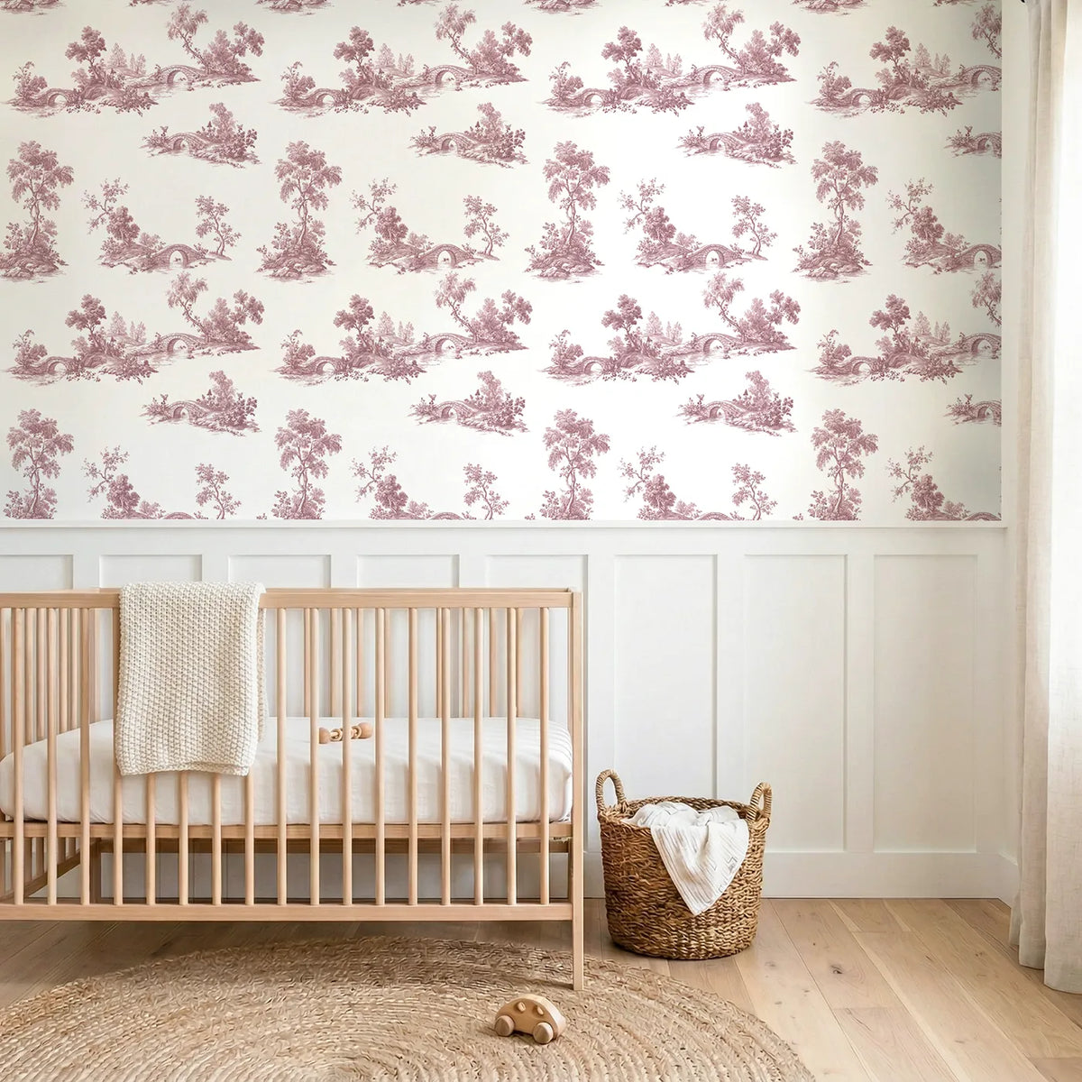 Bridge Toile Rows in Pink wallpaper above wainscoting - Whimsy Tots