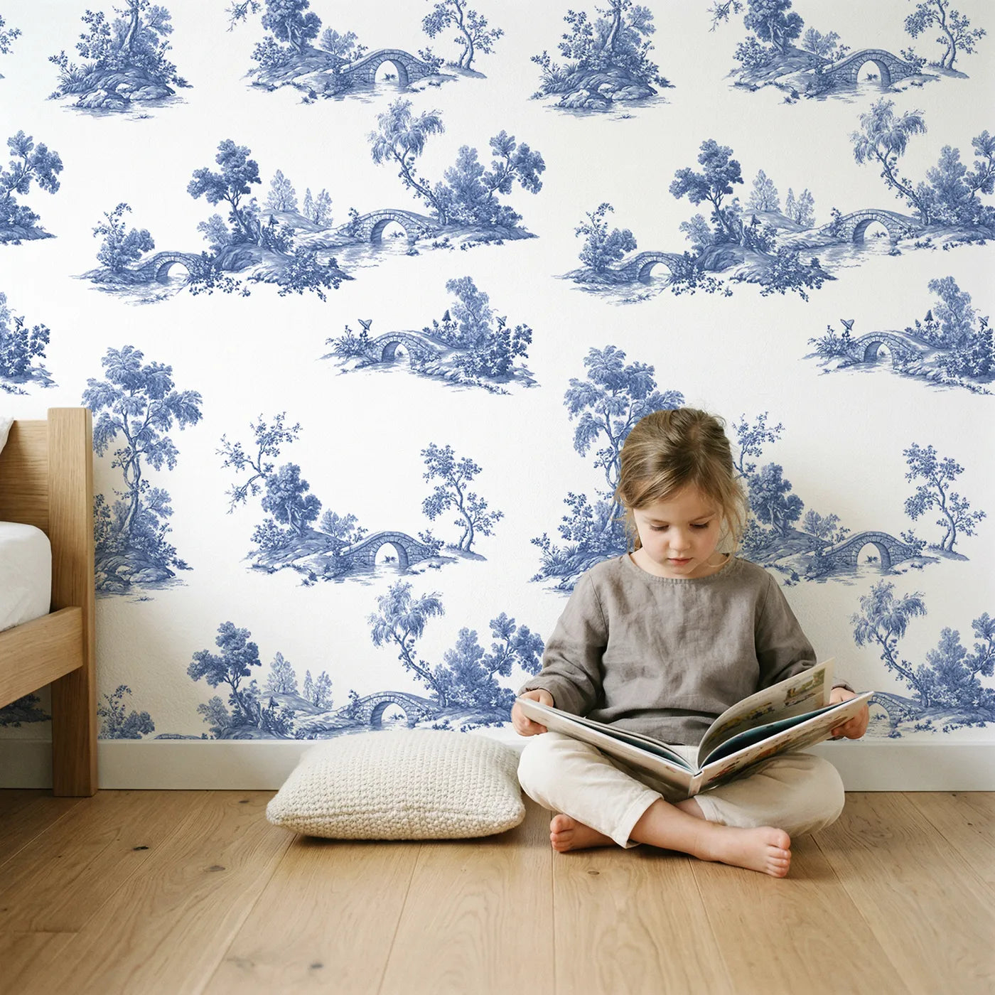 Bridge Toile Rows wallpaper in a cozy kids room - Whimsy Tots