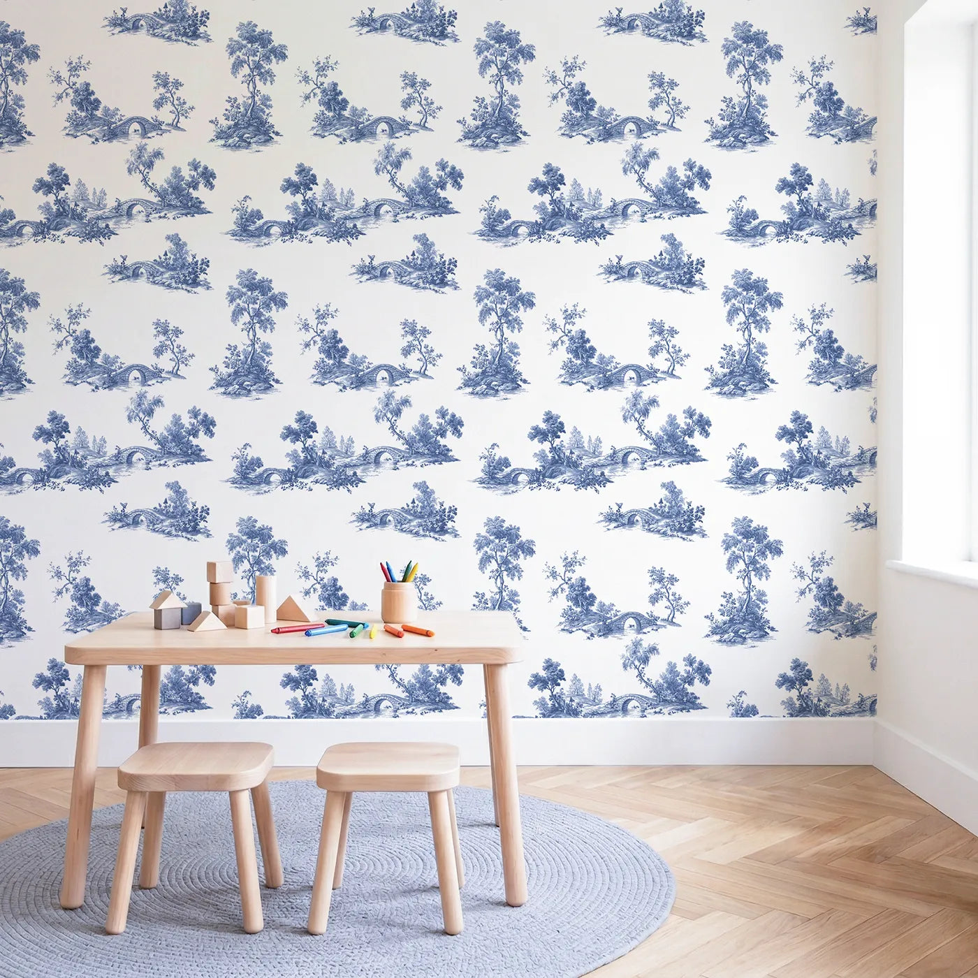 Bridge Toile Rows wallpaper in a styled nursery - Whimsy Tots