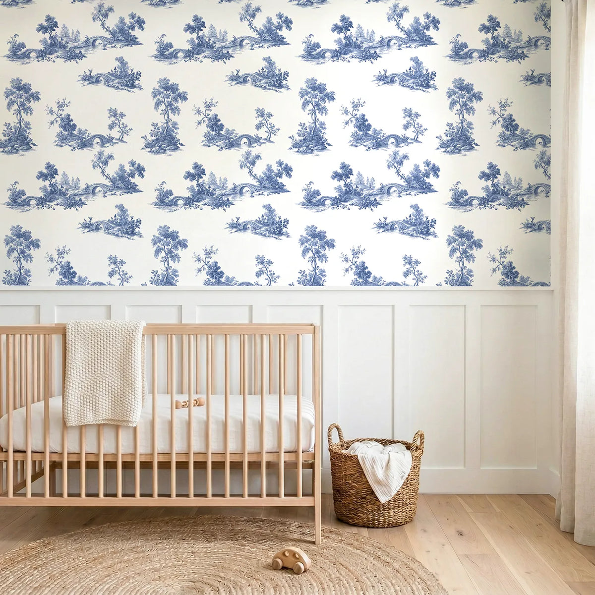 Bridge Toile Rows wallpaper above wainscoting - Whimsy Tots