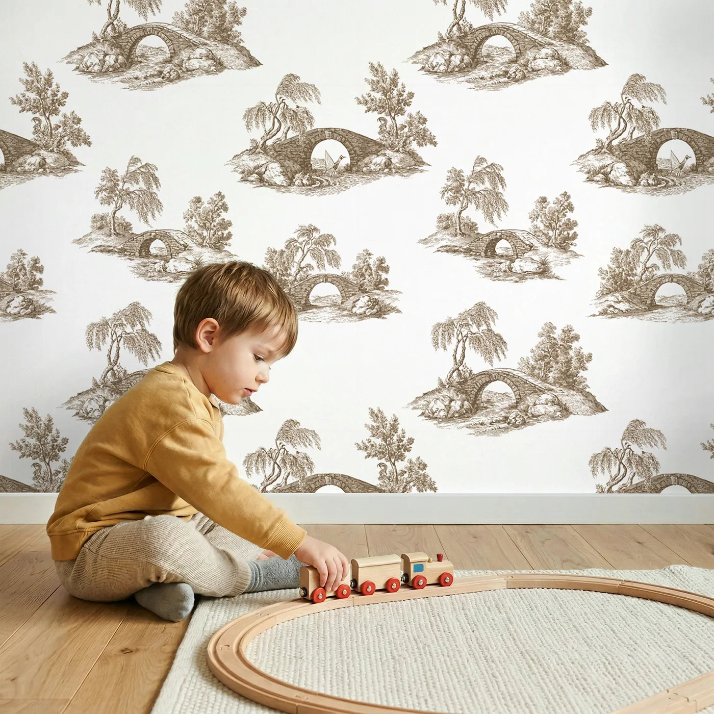 Bridge Toile Scene in Brown wallpaper in a cozy kids room - Whimsy Tots
