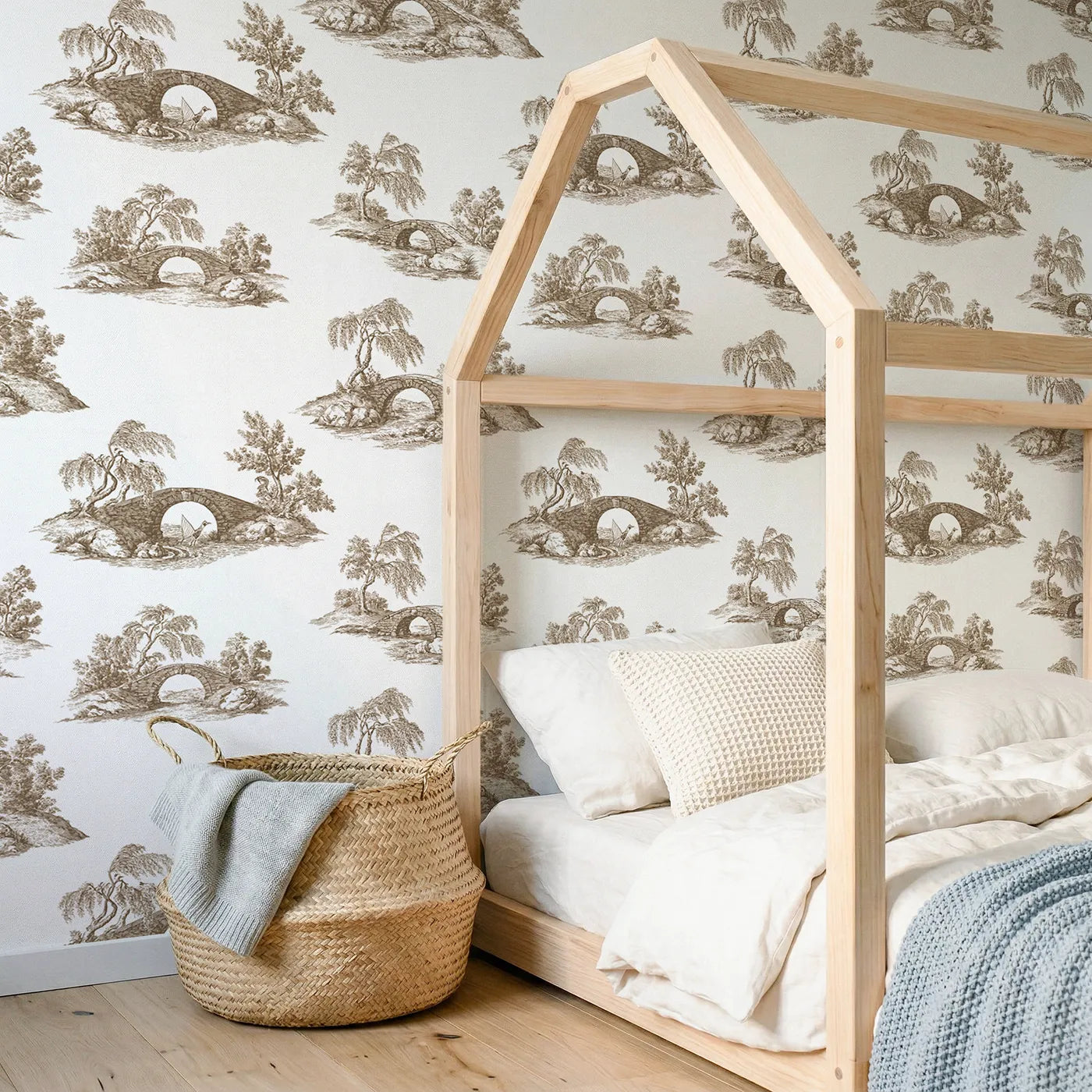 Bridge Toile Scene in Brown wallpaper in a styled nursery - Whimsy Tots