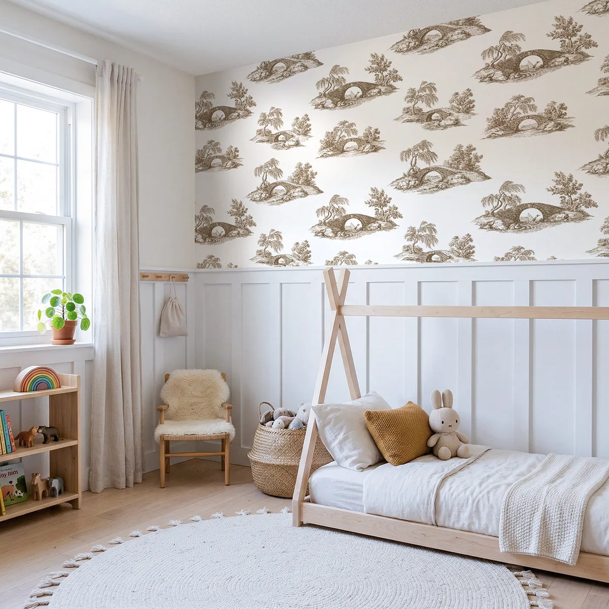 Bridge Toile Scene in Brown wallpaper above wainscoting - Whimsy Tots