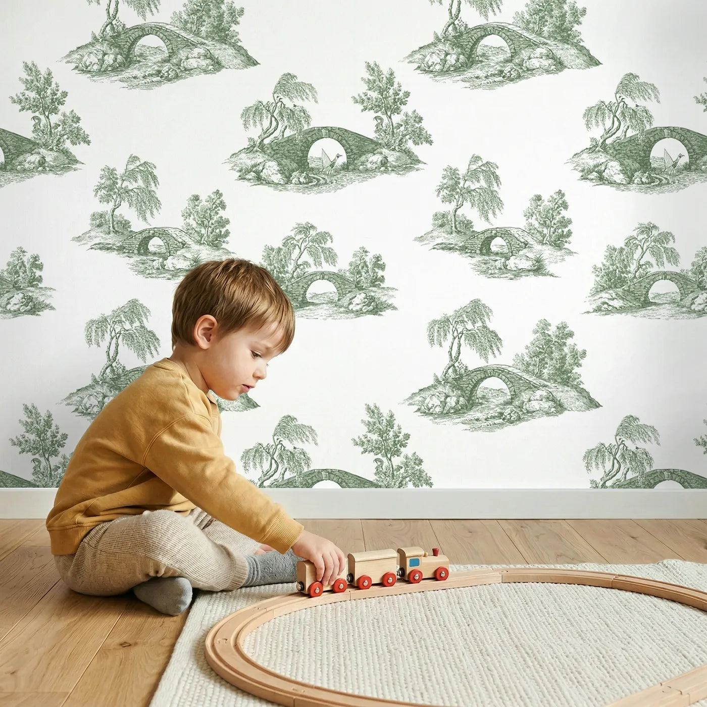 Bridge Toile Scene in Green wallpaper in a cozy kids room - Whimsy Tots