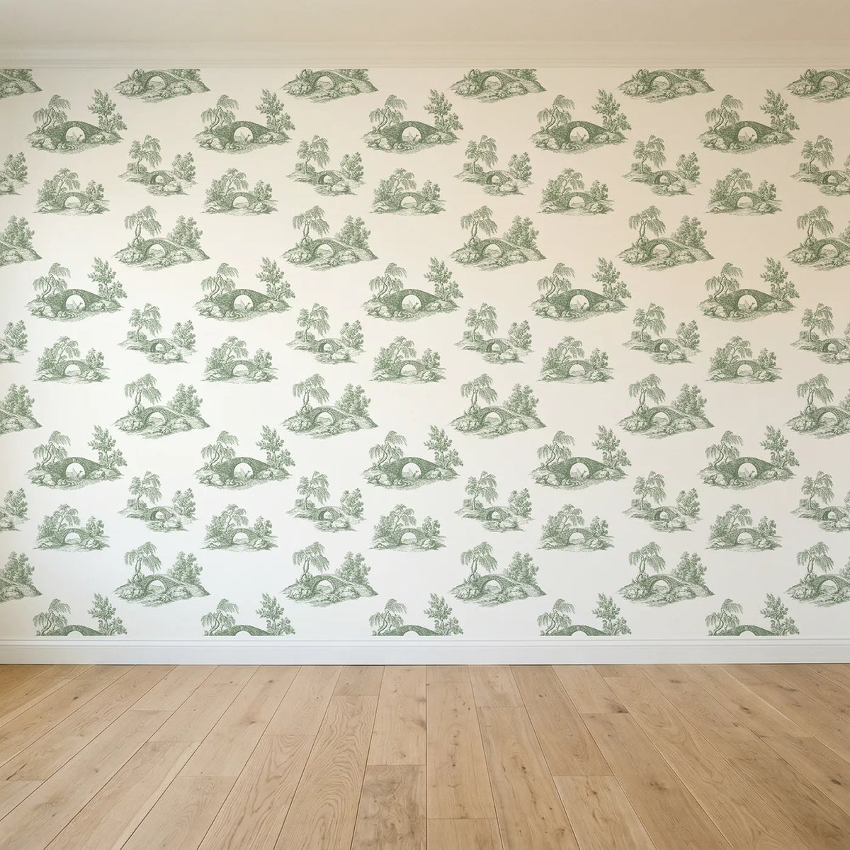 Bridge Toile Scene in Green seamless wallpaper full pattern - Whimsy Tots