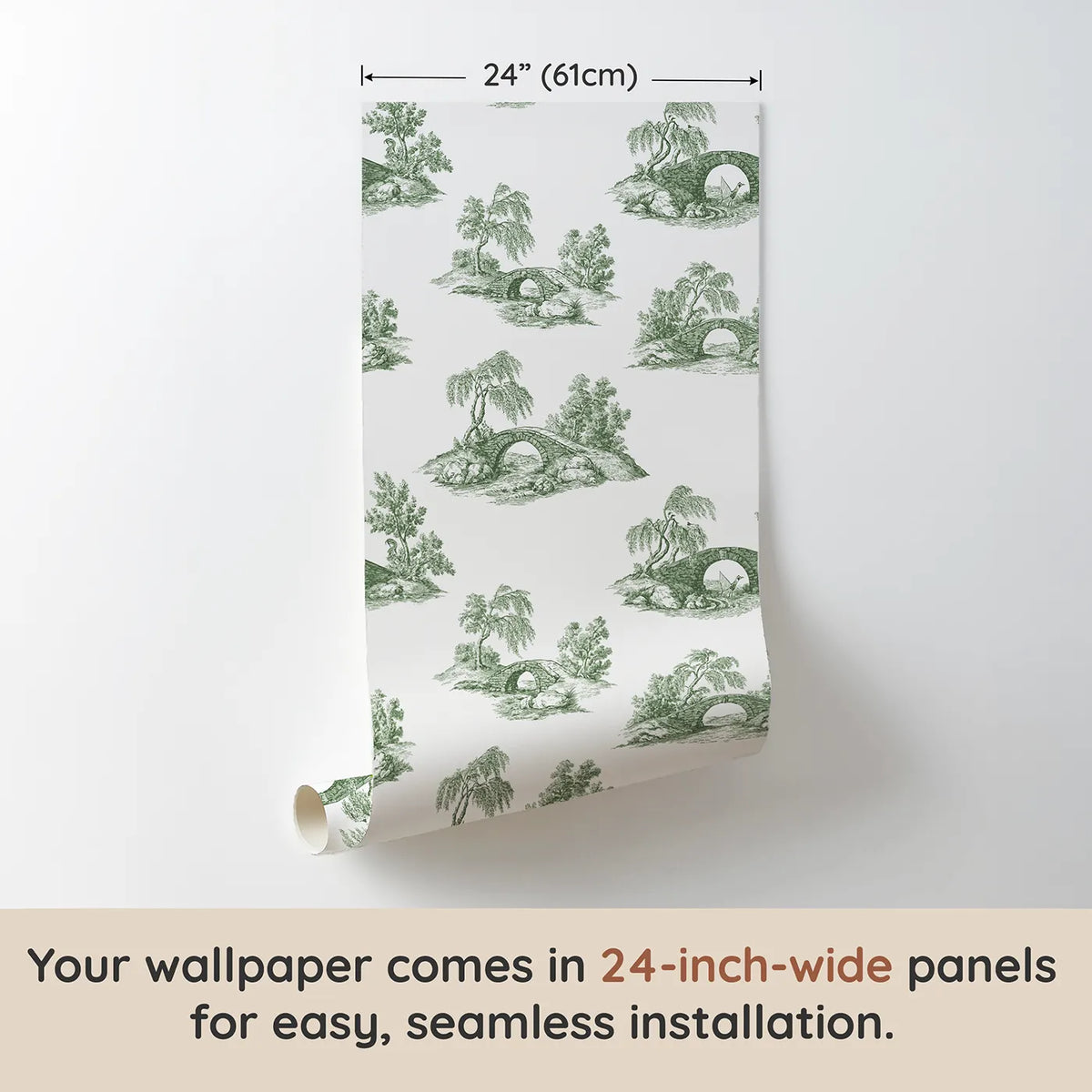 Bridge Toile Scene in Green wallpaper panel dimensions - Whimsy Tots