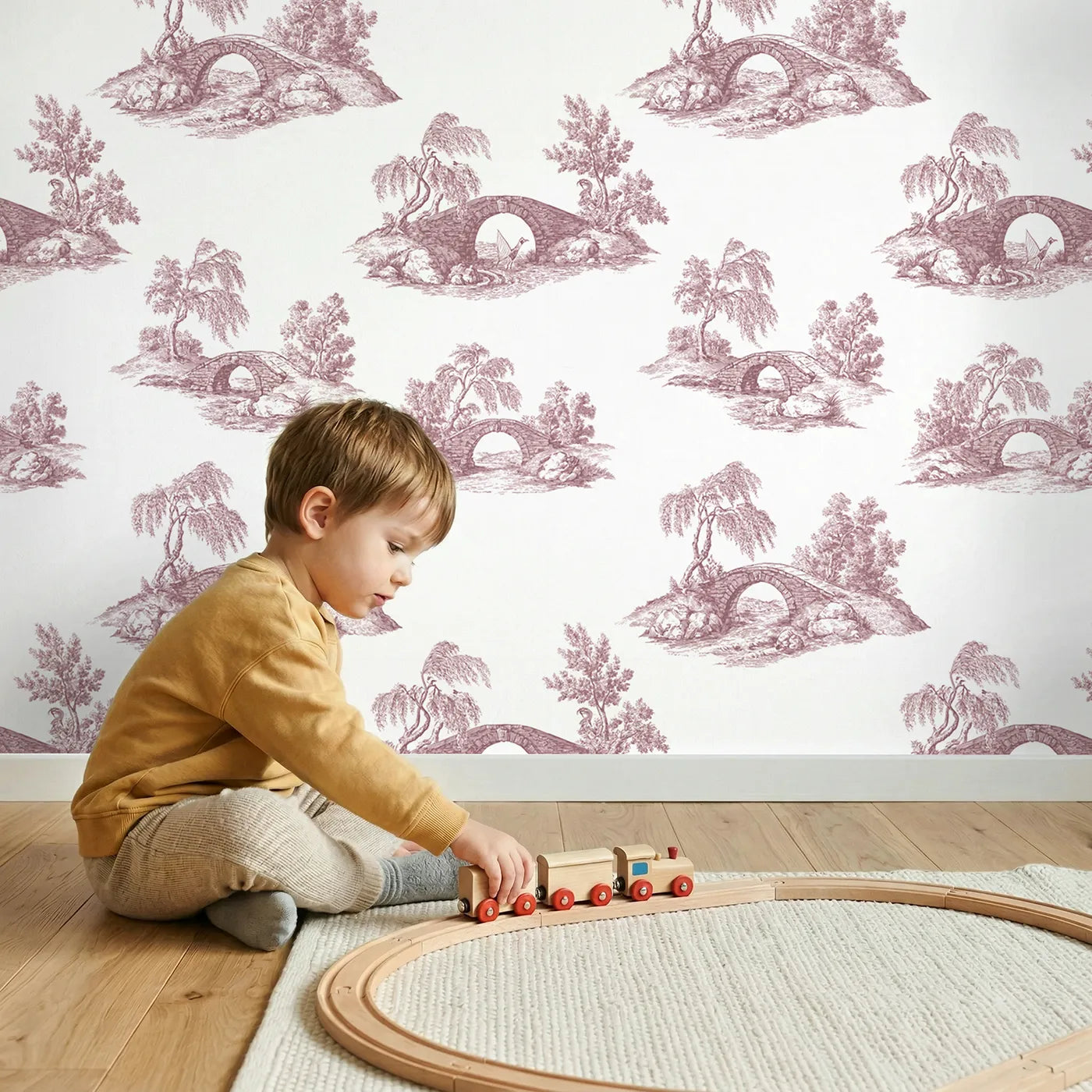 Bridge Toile Scene in Pink wallpaper in a cozy kids room - Whimsy Tots