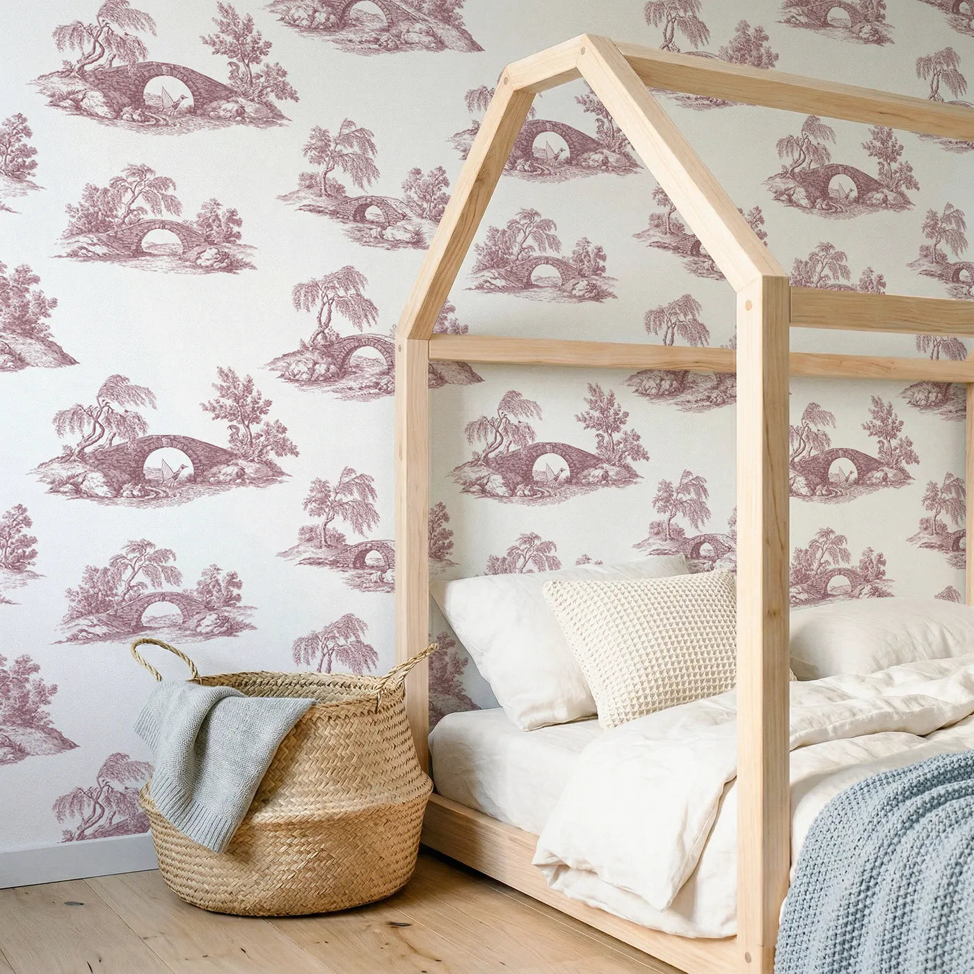 Bridge Toile Scene in Pink wallpaper in a styled nursery - Whimsy Tots