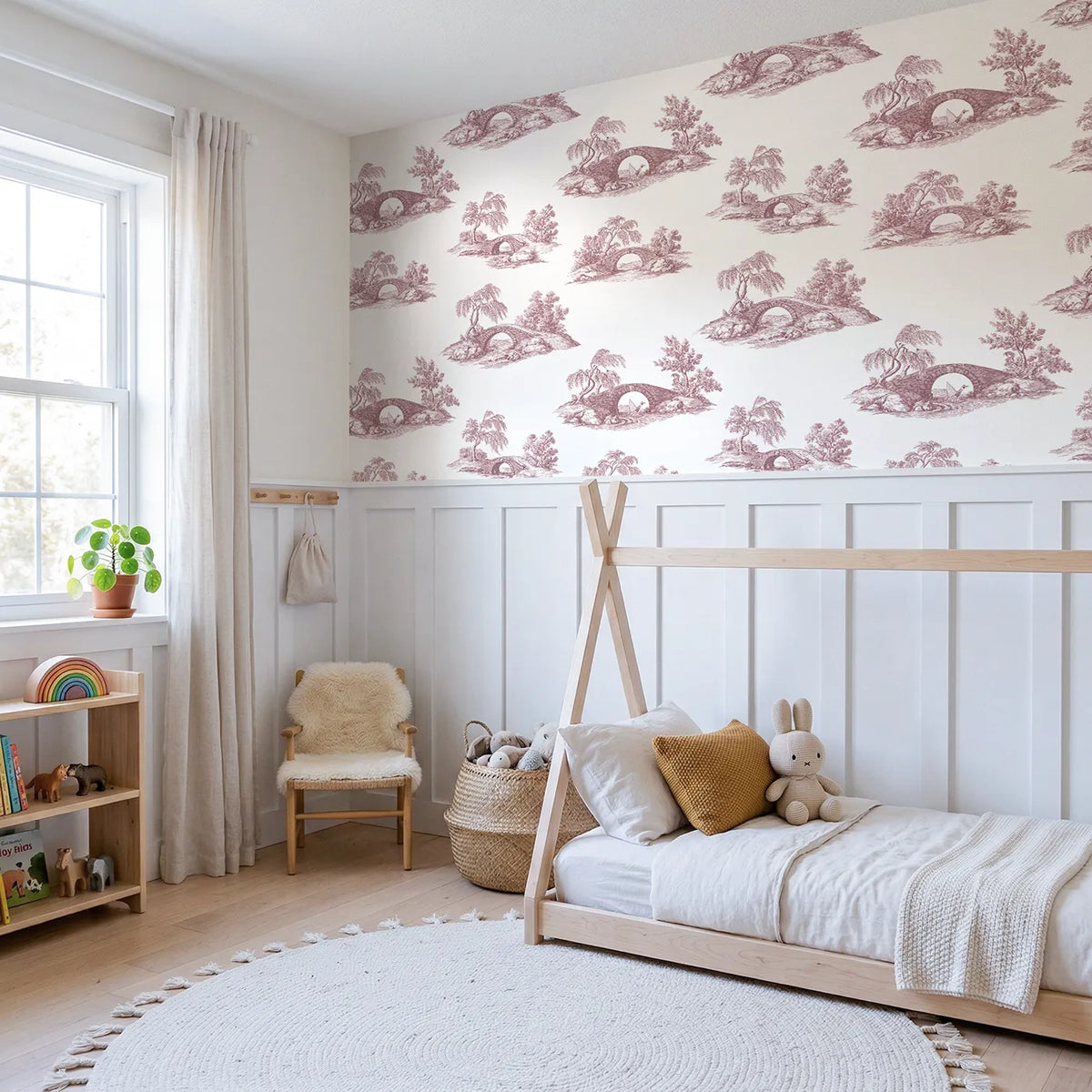 Bridge Toile Scene in Pink wallpaper above wainscoting - Whimsy Tots