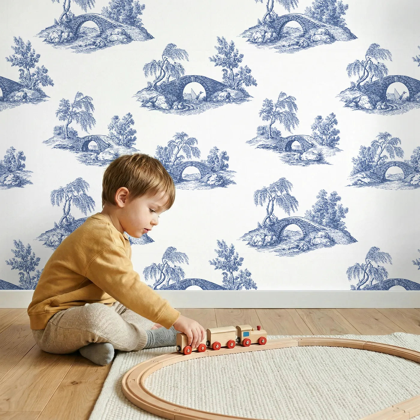 Bridge Toile Scene wallpaper in a cozy kids room - Whimsy Tots