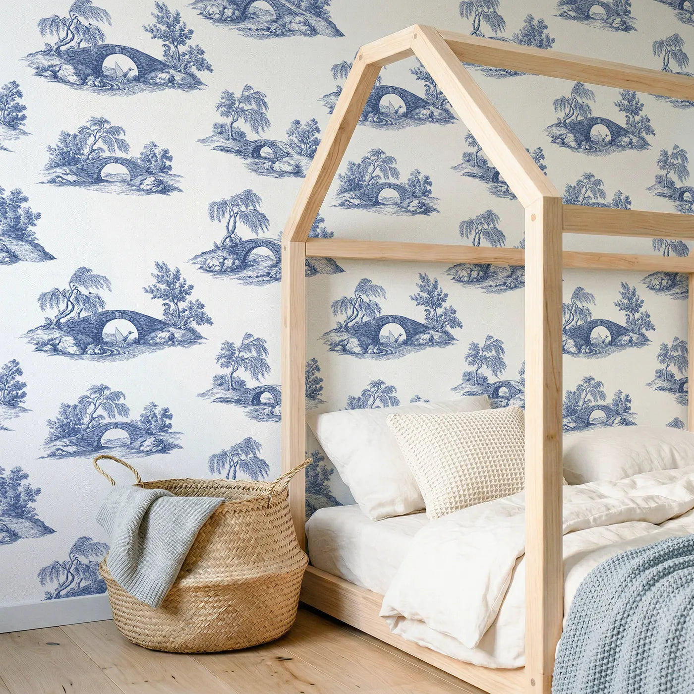 Bridge Toile Scene wallpaper in a styled nursery - Whimsy Tots