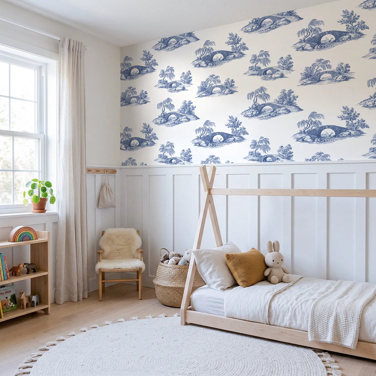 Bridge Toile Scene wallpaper above wainscoting - Whimsy Tots