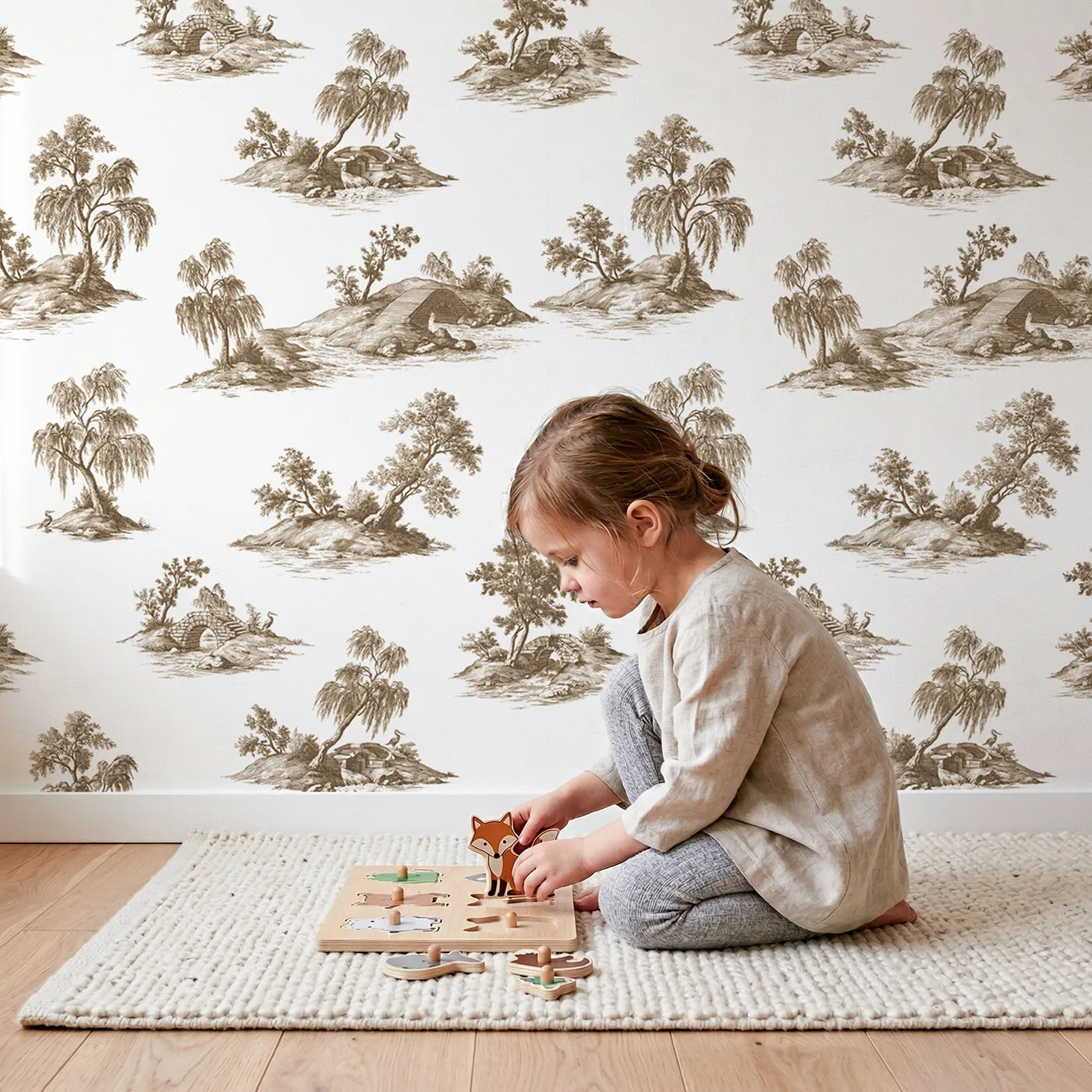 Bridge Toile Garden in Brown wallpaper in a cozy kids room - Whimsy Tots