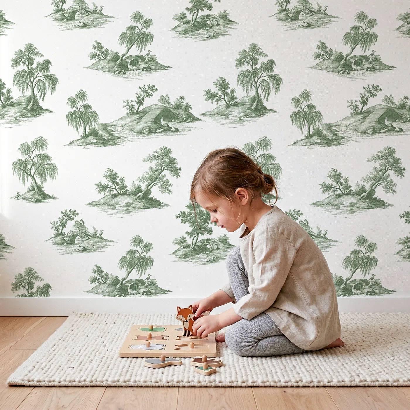 Bridge Toile Garden in Green wallpaper in a cozy kids room - Whimsy Tots