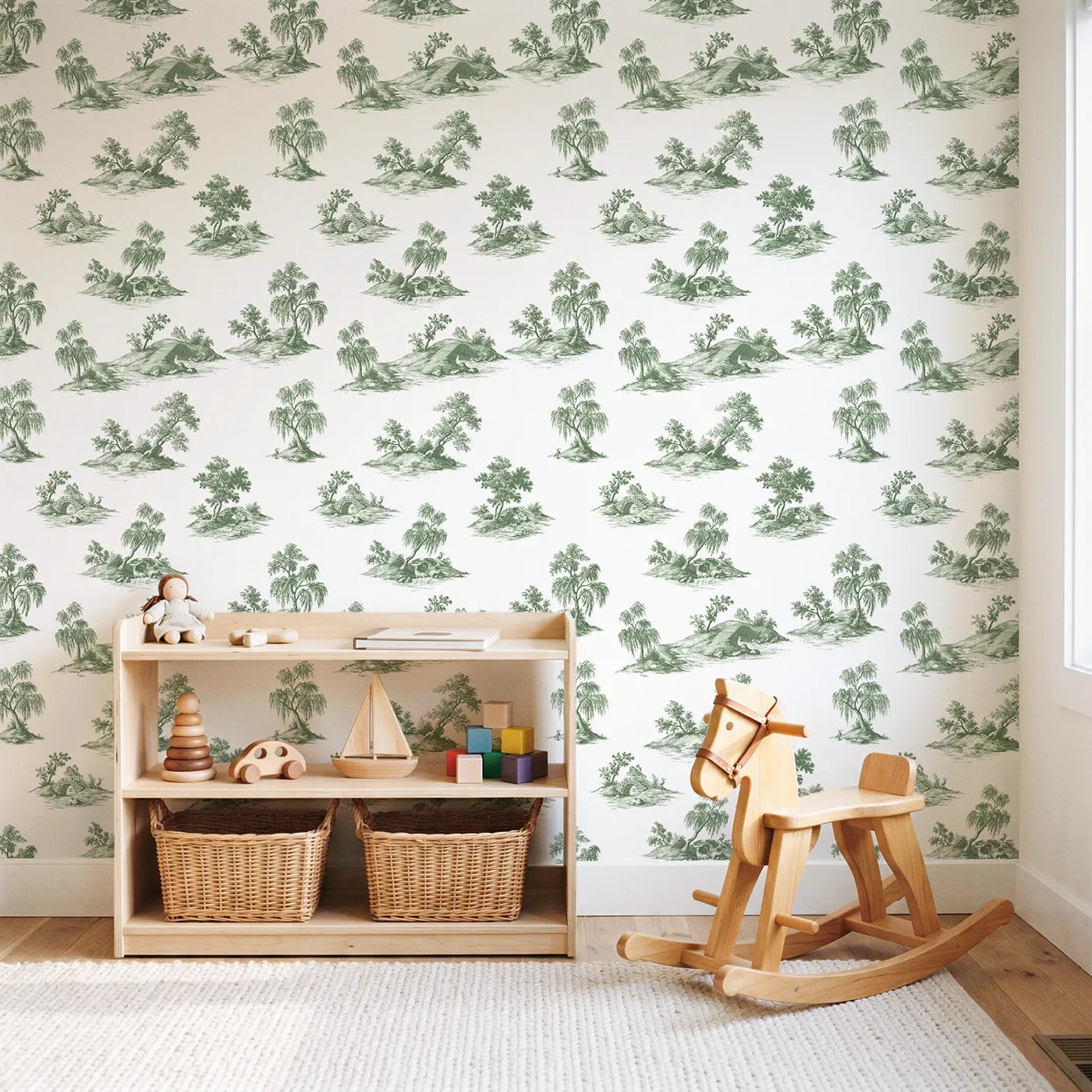 Bridge Toile Garden in Green wallpaper in a styled nursery - Whimsy Tots