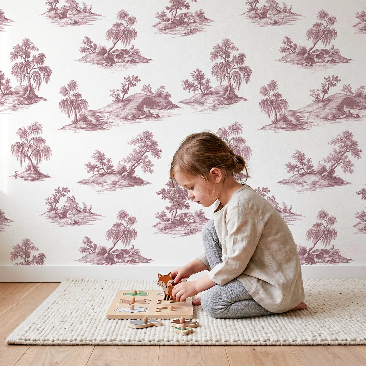 Bridge Toile Garden in Pink wallpaper in a cozy kids room - Whimsy Tots