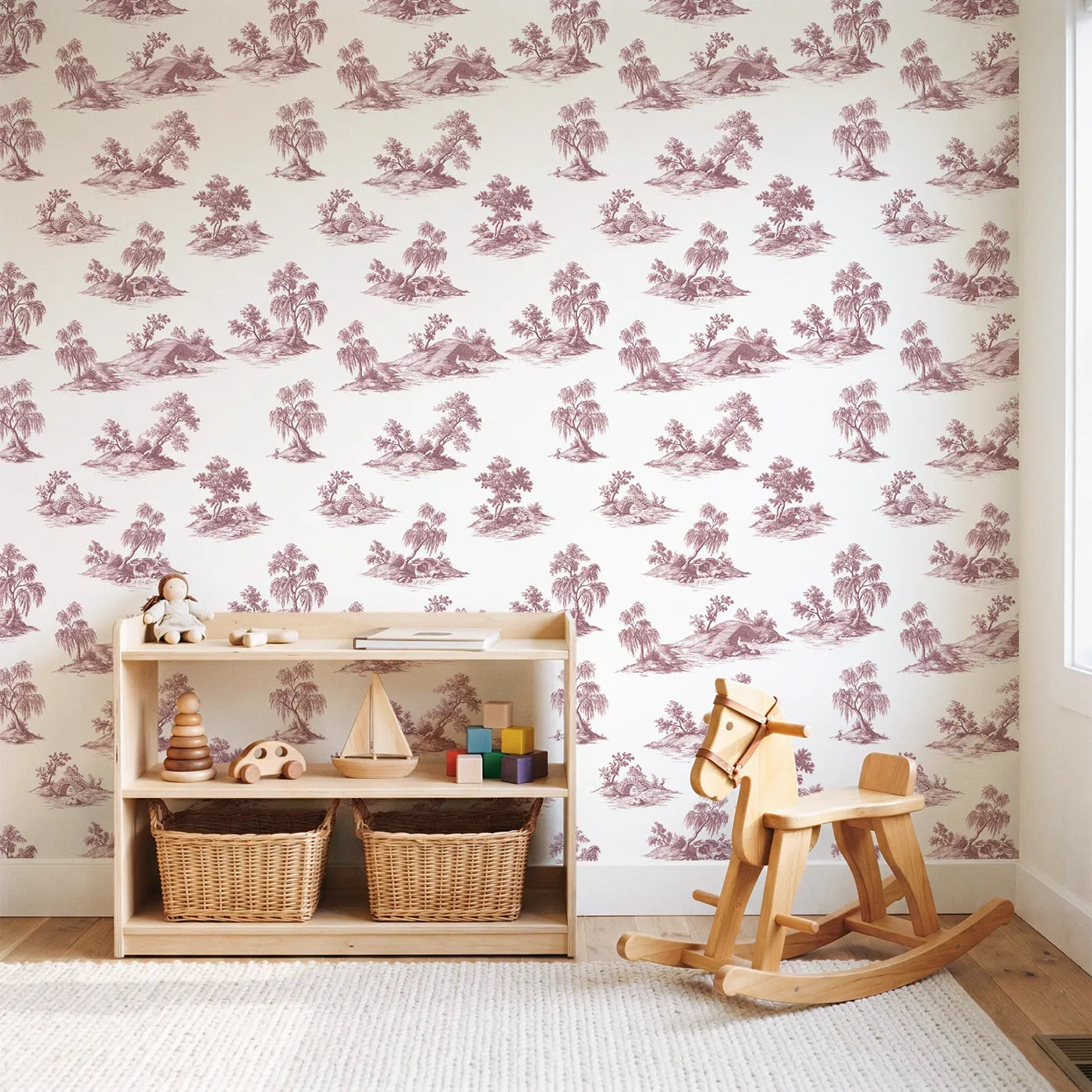 Bridge Toile Garden in Pink wallpaper in a styled nursery - Whimsy Tots