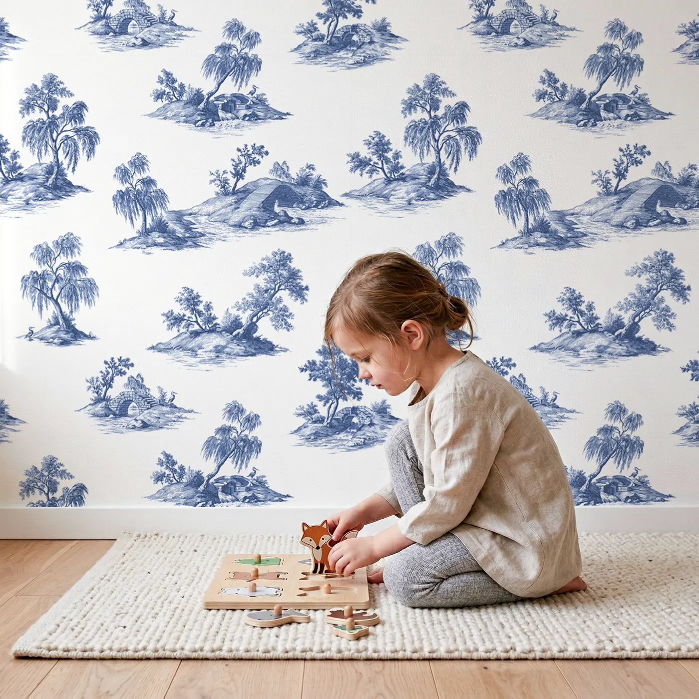 Bridge Toile Garden wallpaper in a cozy kids room - Whimsy Tots