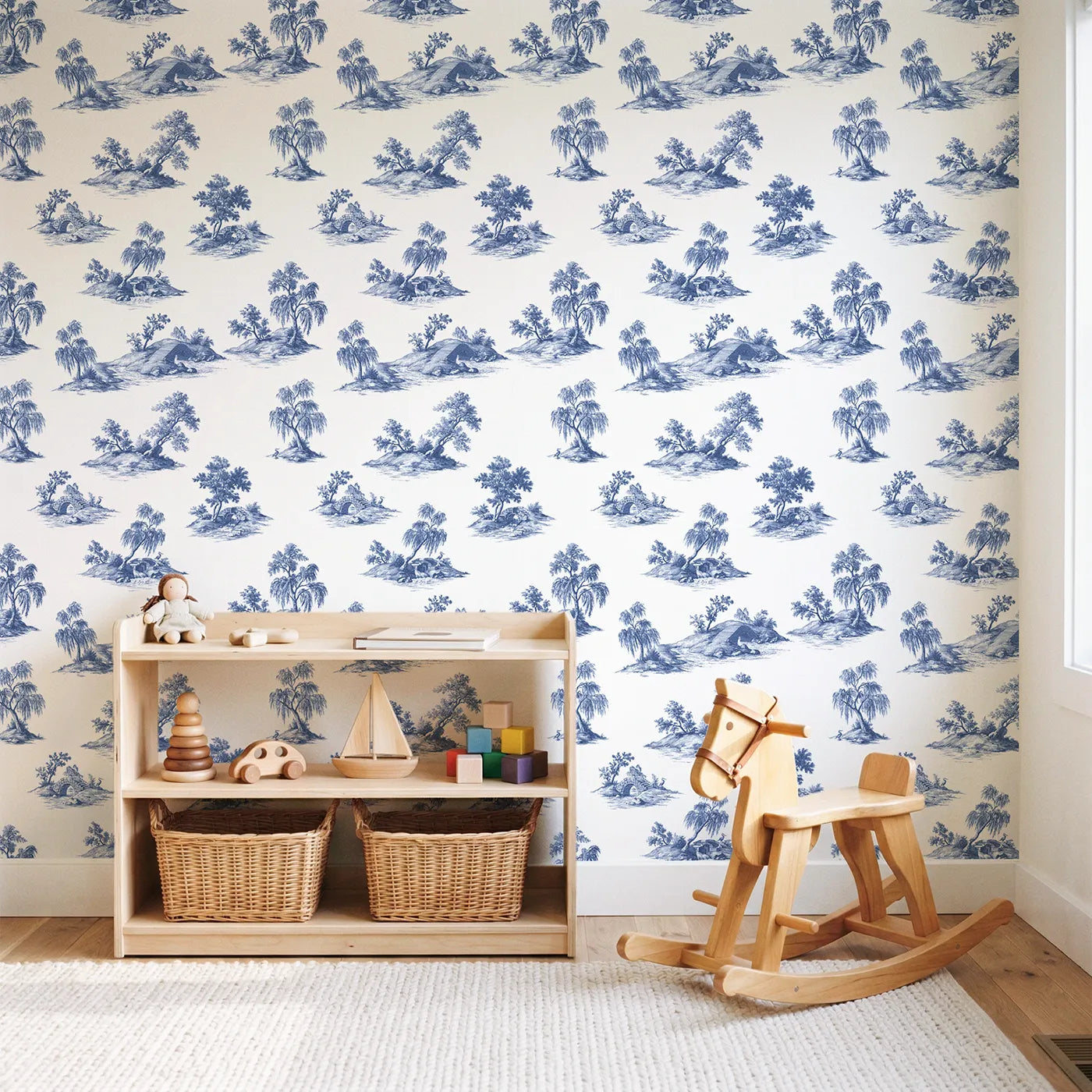 Bridge Toile Garden wallpaper in a styled nursery - Whimsy Tots