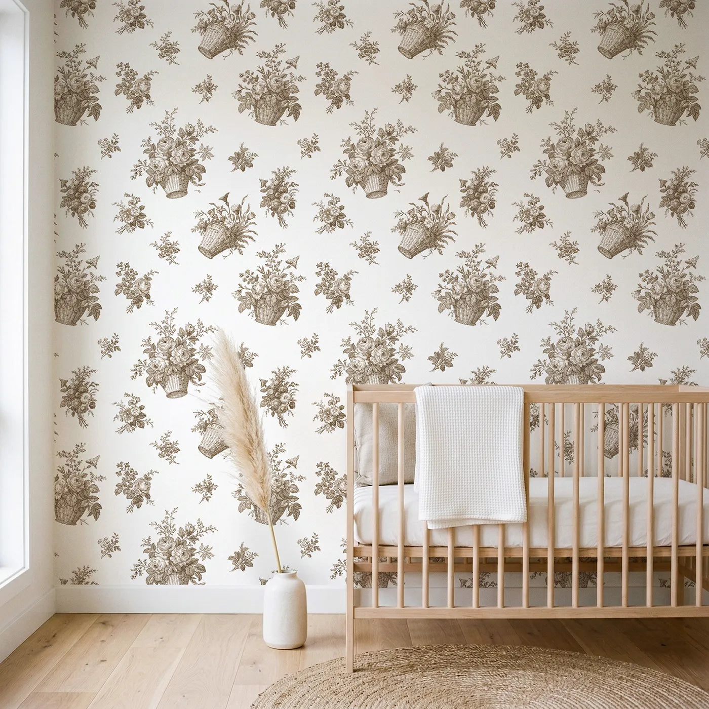 Flower Basket Toile Toss in Brown wallpaper in a styled nursery - Whimsy Tots