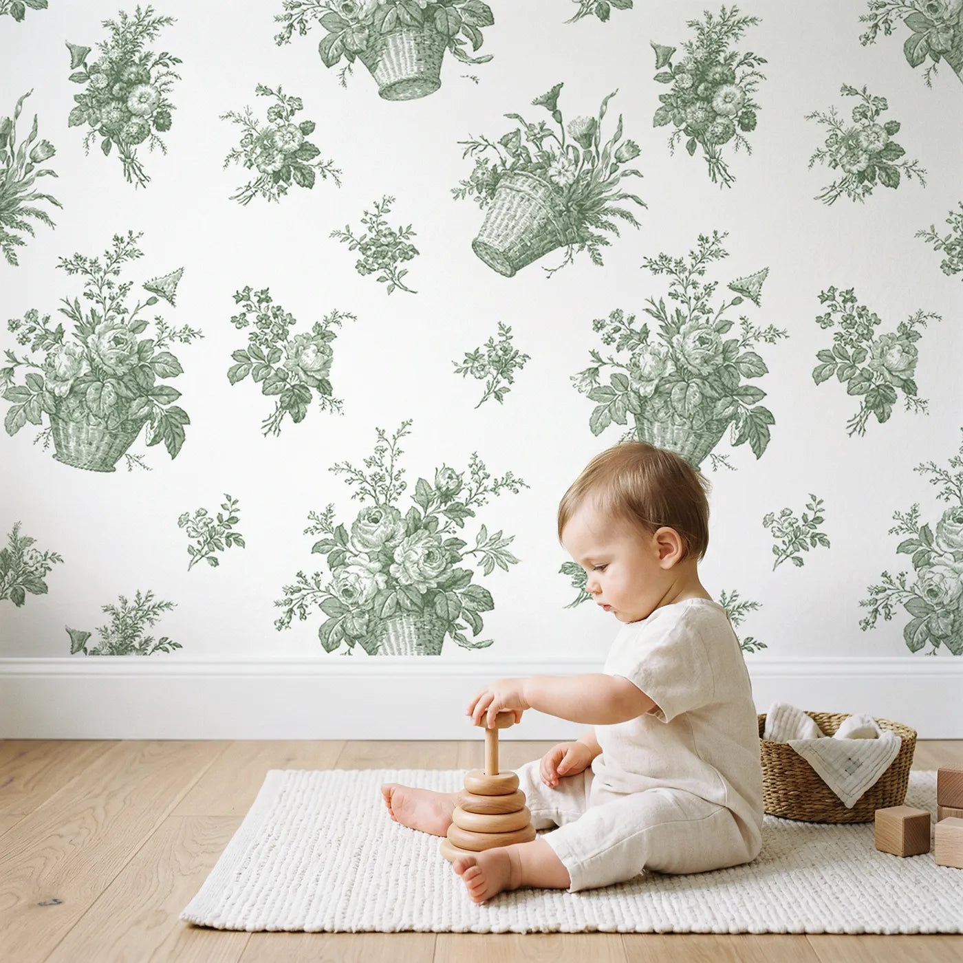 Flower Basket Toile Toss in Green wallpaper in a cozy kids room - Whimsy Tots
