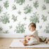 Flower Basket Toile Toss in Green wallpaper in a cozy kids room - Whimsy Tots