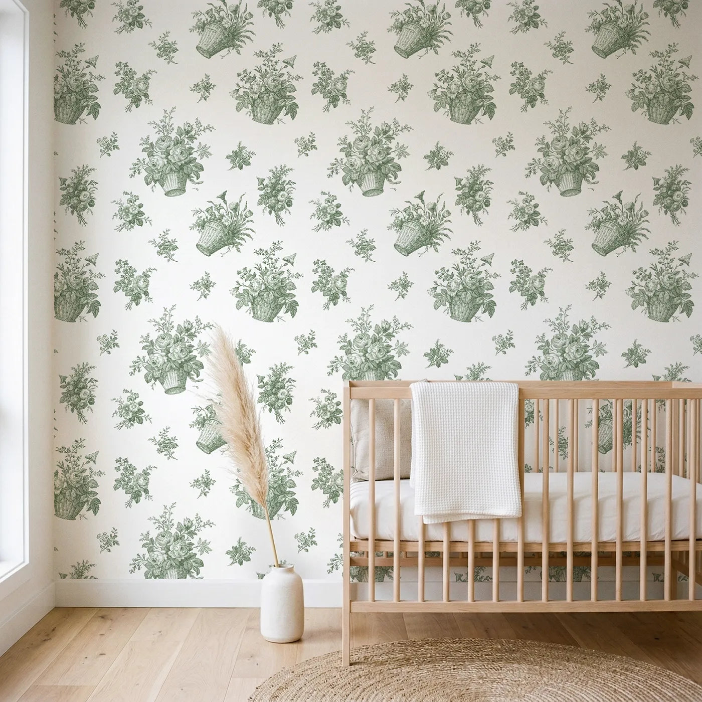 Flower Basket Toile Toss in Green wallpaper in a styled nursery - Whimsy Tots