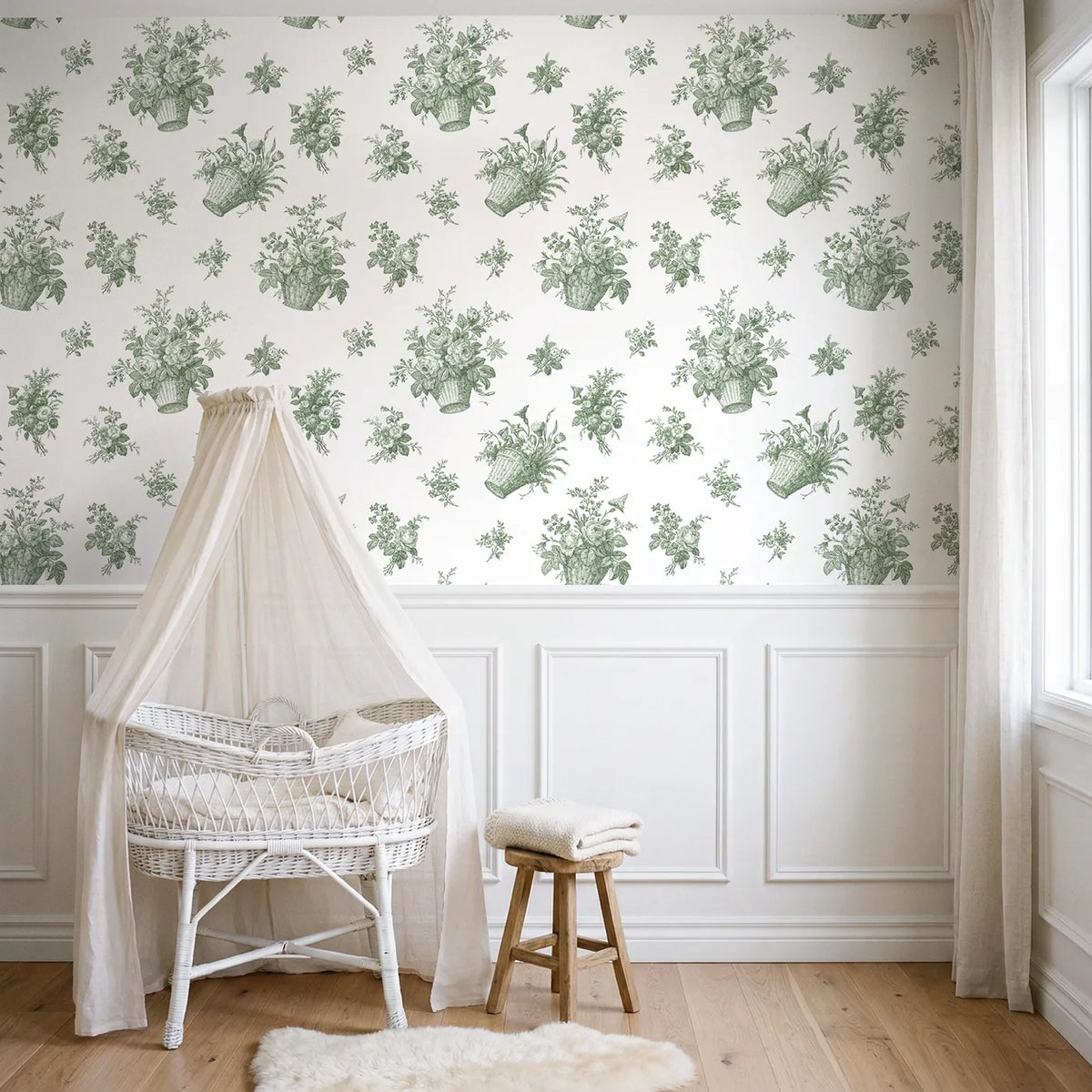 Flower Basket Toile Toss in Green wallpaper above wainscoting - Whimsy Tots
