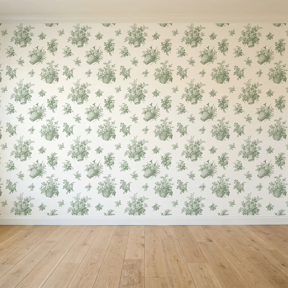 Flower Basket Toile Toss in Green seamless wallpaper full pattern - Whimsy Tots