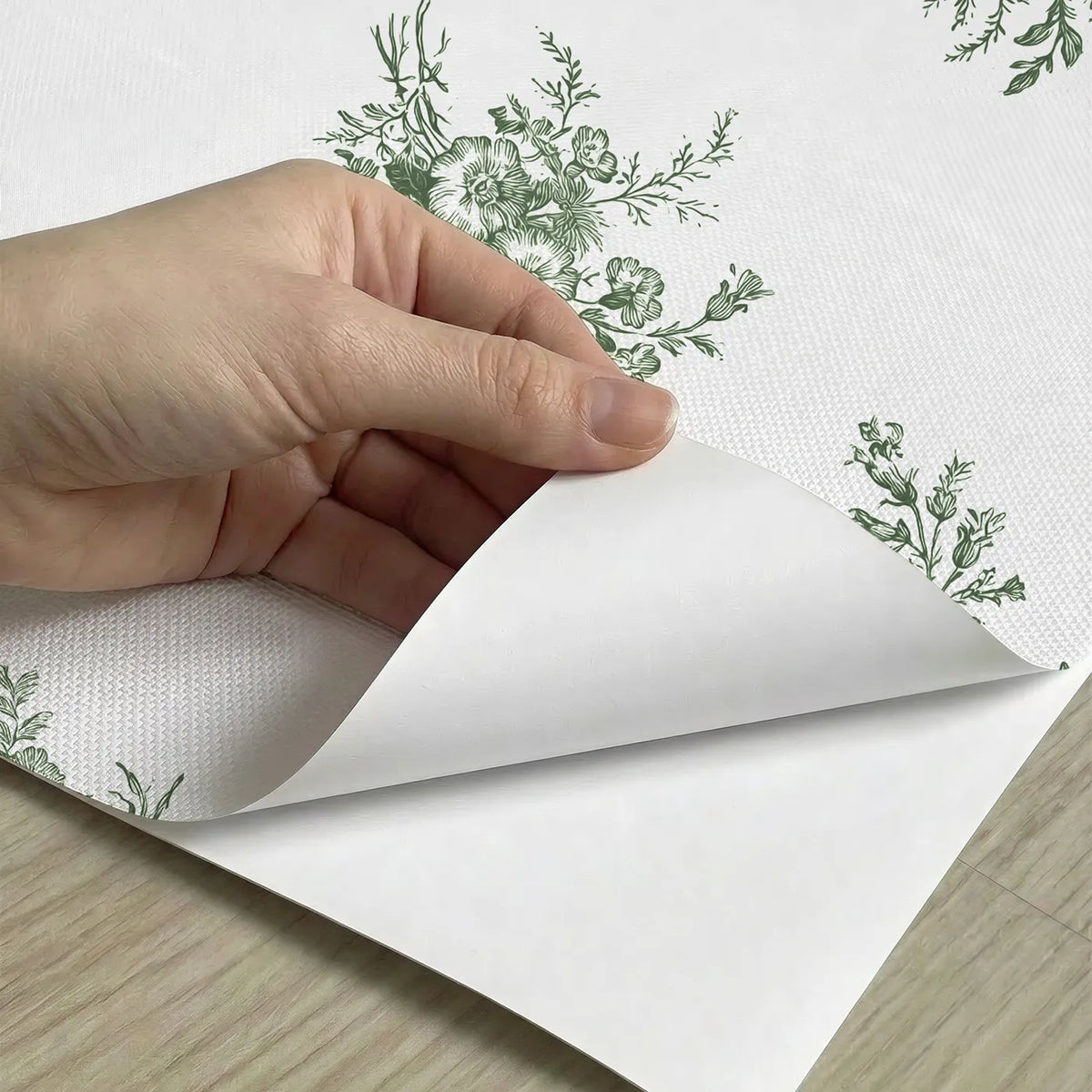 Flower Basket Toile Toss in Green peel and stick material close-up - Whimsy Tots