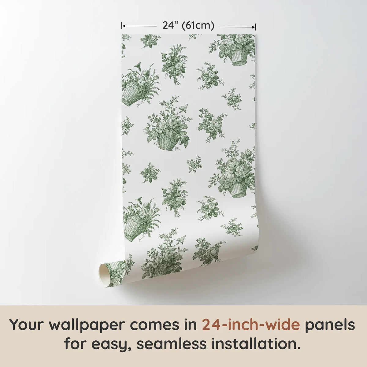 Flower Basket Toile Toss in Green wallpaper panel dimensions - Whimsy Tots