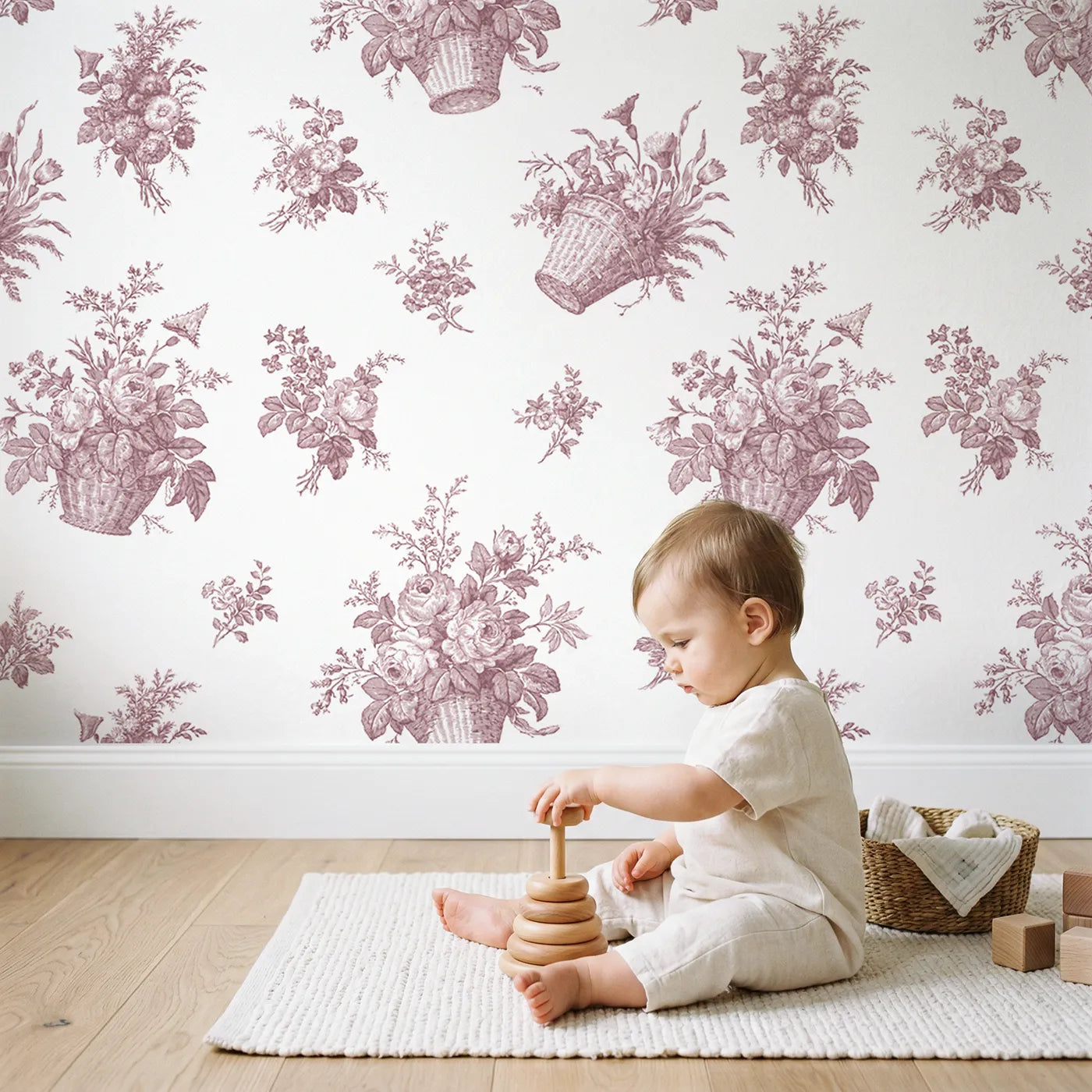 Flower Basket Toile Toss in Pink wallpaper in a cozy kids room - Whimsy Tots