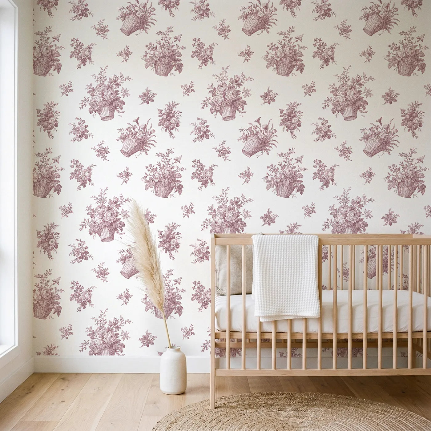 Flower Basket Toile Toss in Pink wallpaper in a styled nursery - Whimsy Tots