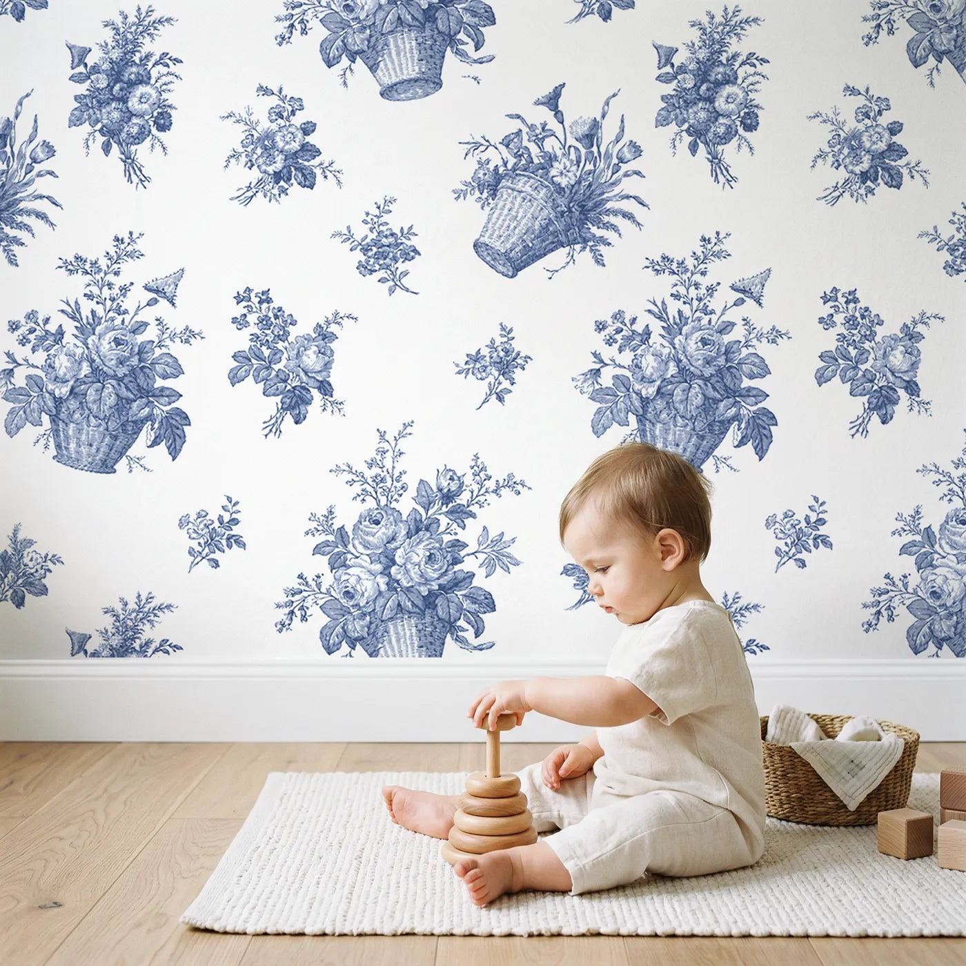 Flower Basket Toile Toss wallpaper in a cozy kids room - Whimsy Tots