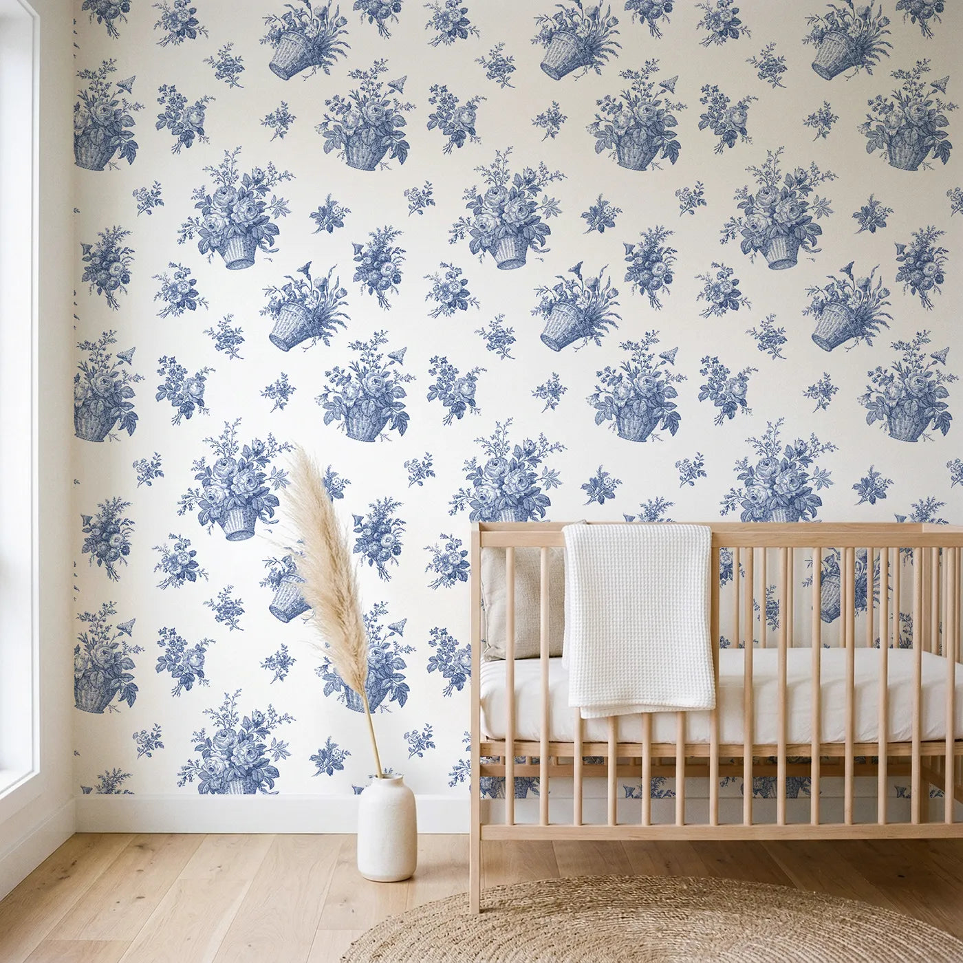 Flower Basket Toile Toss wallpaper in a styled nursery - Whimsy Tots