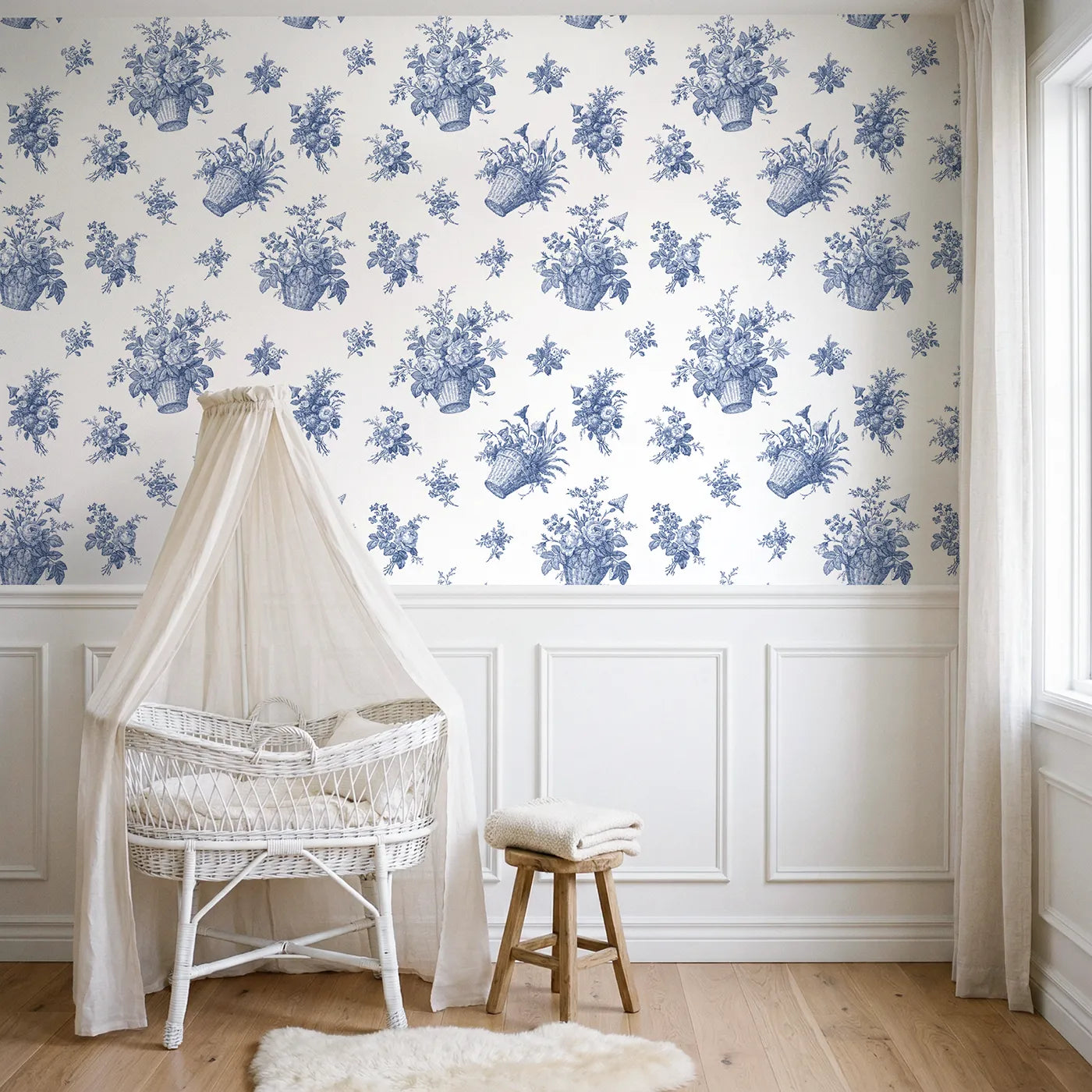 Flower Basket Toile Toss wallpaper above wainscoting - Whimsy Tots