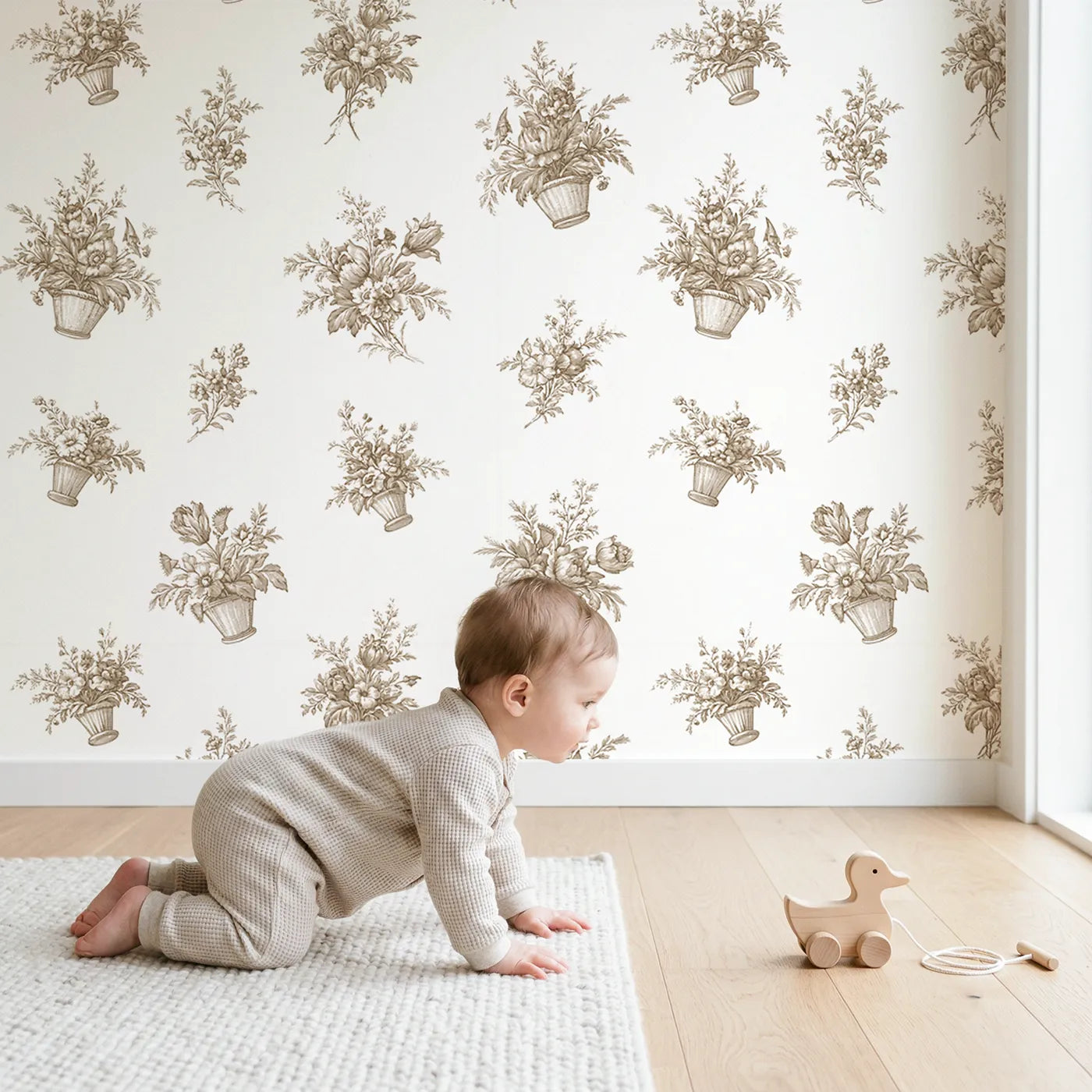Flower Basket Toile Rows in Brown wallpaper in a cozy kids room - Whimsy Tots