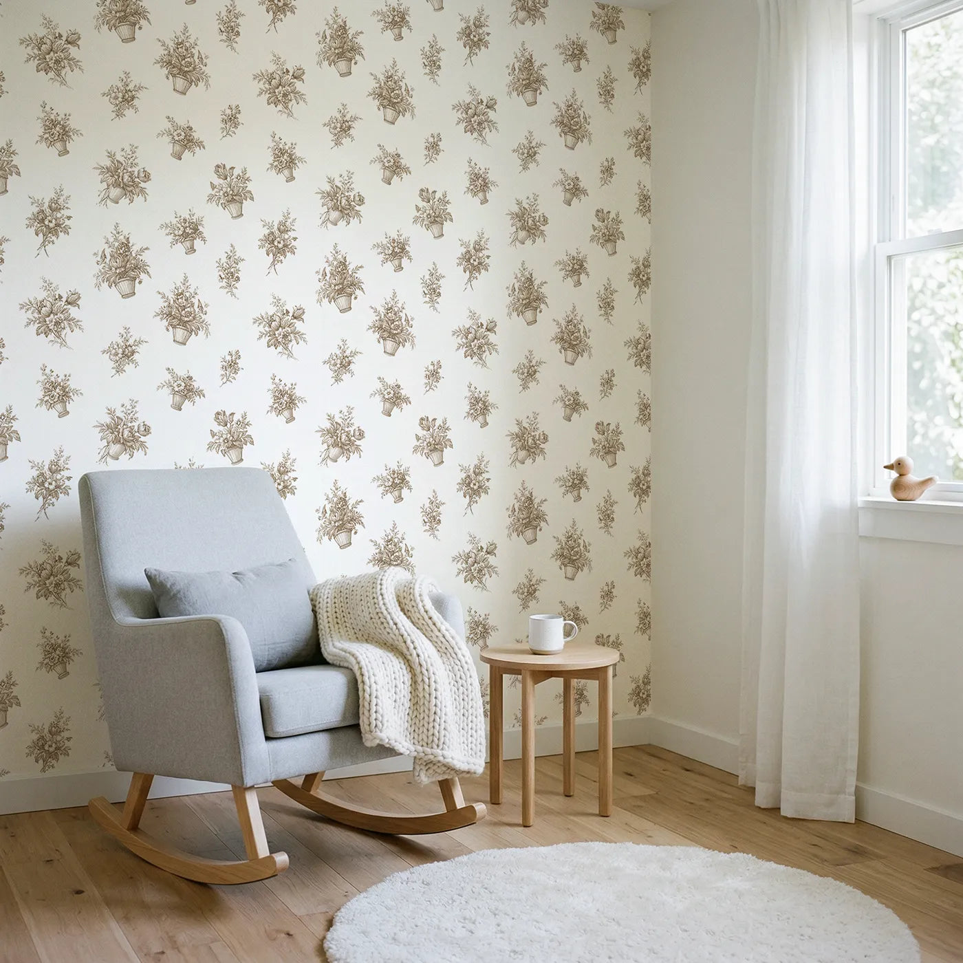 Flower Basket Toile Rows in Brown wallpaper in a styled nursery - Whimsy Tots