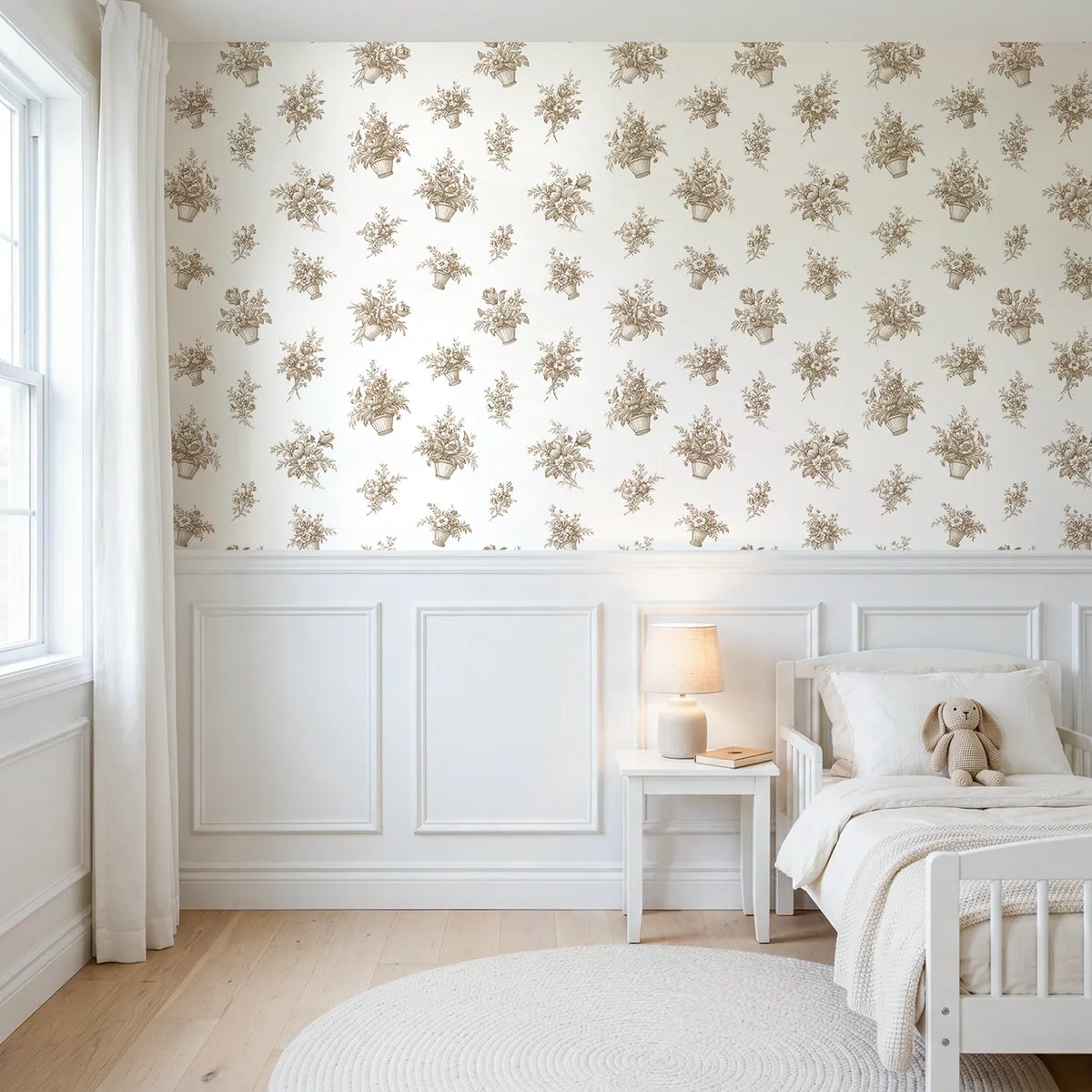 Flower Basket Toile Rows in Brown wallpaper above wainscoting - Whimsy Tots